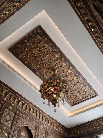 Star-coffered ajami ceiling with Damascene brass chandelier by Dervinova