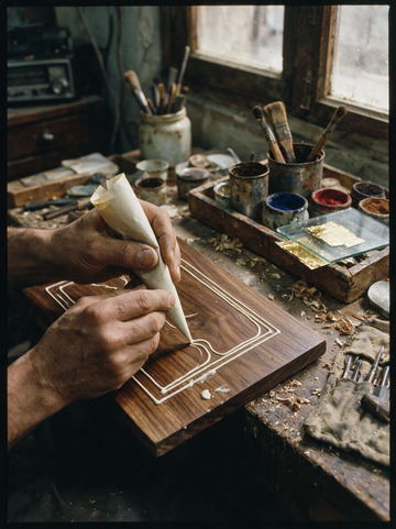 Damascus artisan piping gesso relief on walnut ajami panel, Dervinova atelier
