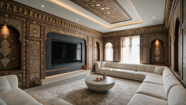 Finished Damascene majlis after Dervinova ajami fit-out, Dubai villa
