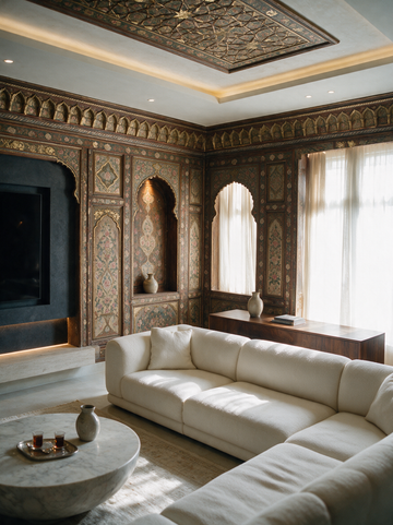 Modern majlis seating against hand-painted ajami wall panels by Dervinova