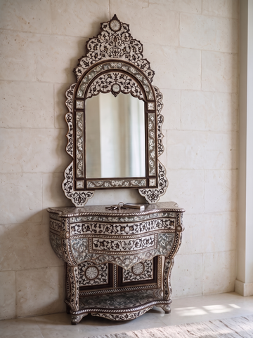 Sultana mother-of-pearl inlay console with mirror by Dervinova in modern Dubai villa