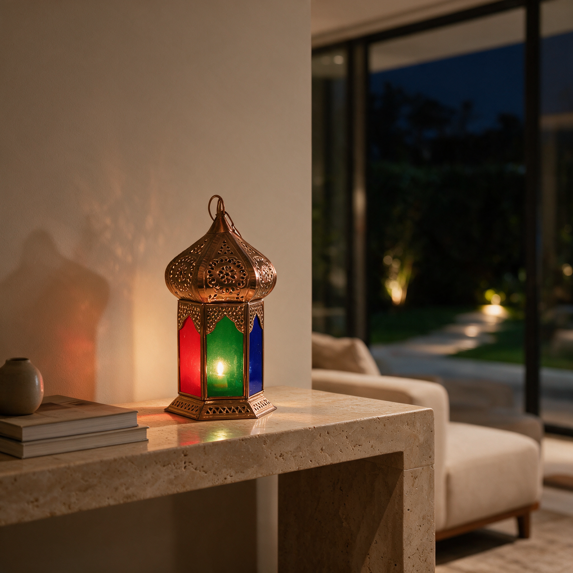 Siraj Lantern glowing on a travertine console in a modern Dubai villa living room at night