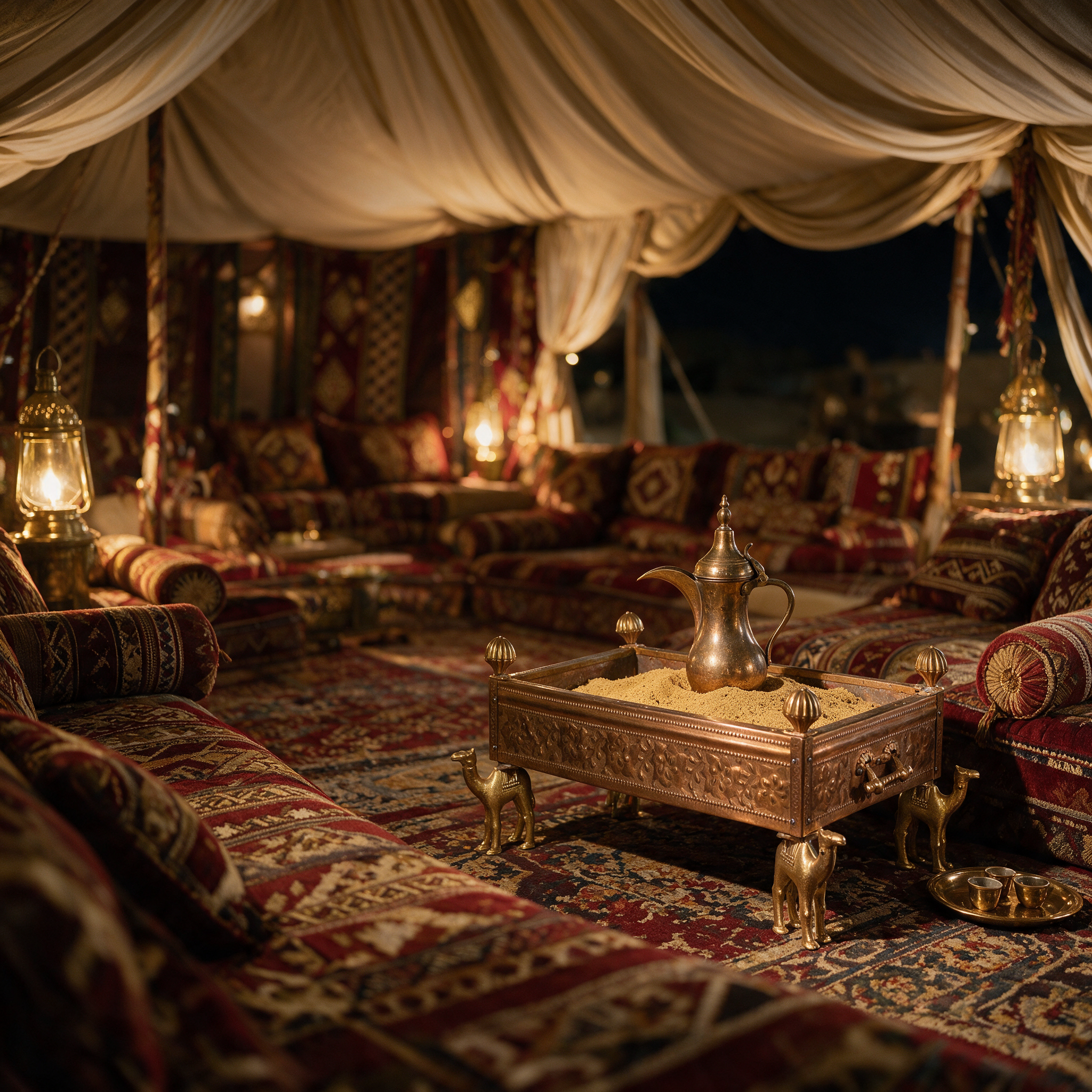 Safar Copper Chest used as a dallah stand filled with sand at the coffee corner of a luxurious Khaleeji majlis tent at night
