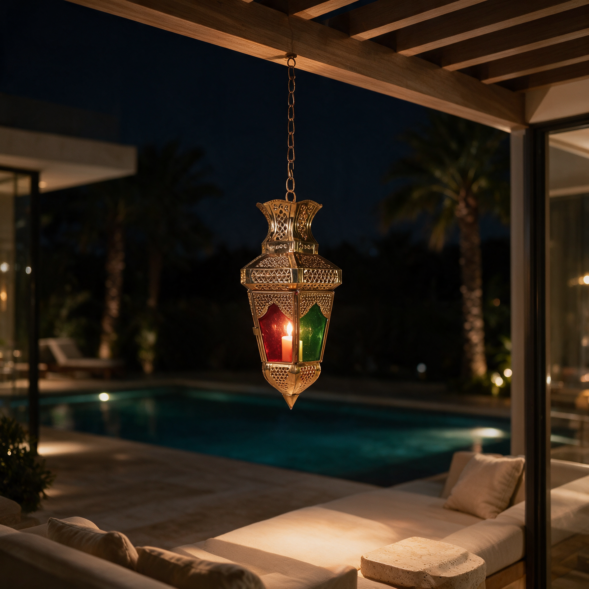 Nour Lantern hanging from a copper chain on the terrace pergola of a modern Dubai villa at night