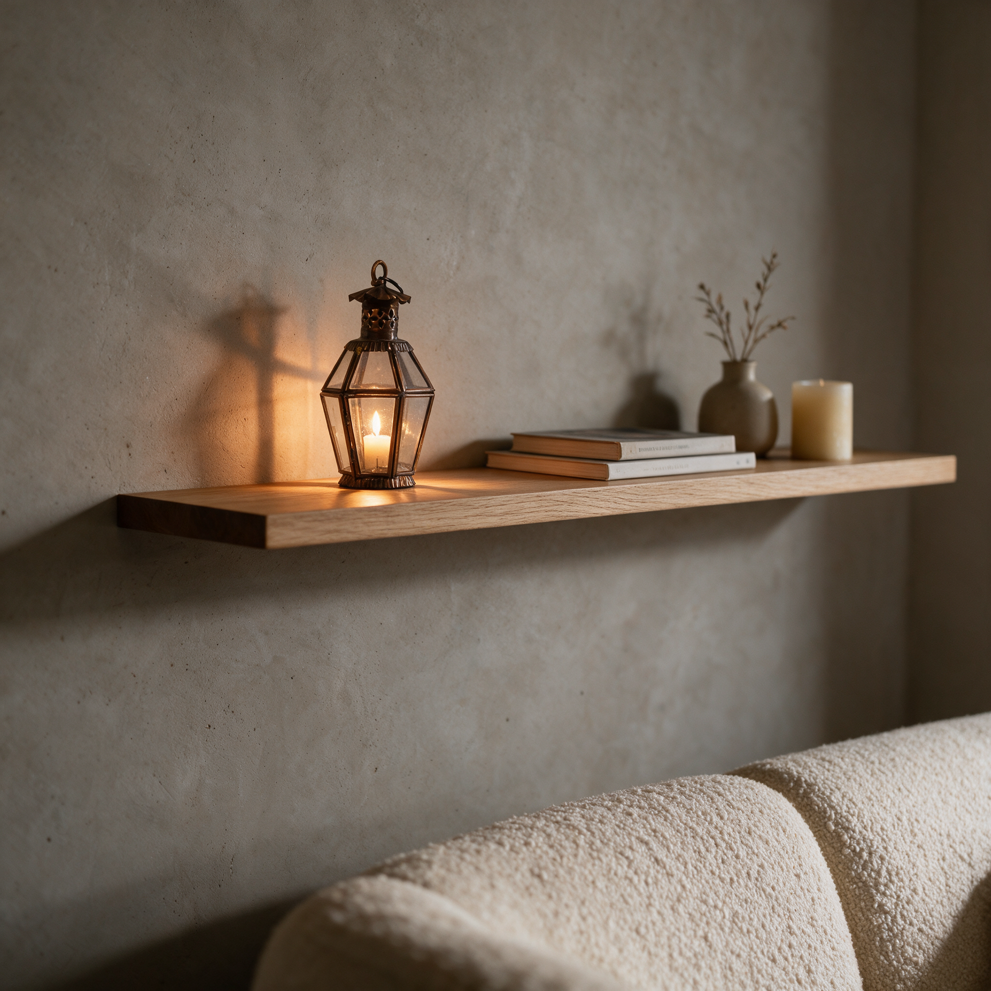 Andalus Lantern glowing on a floating shelf in a modern Dubai villa living room at night