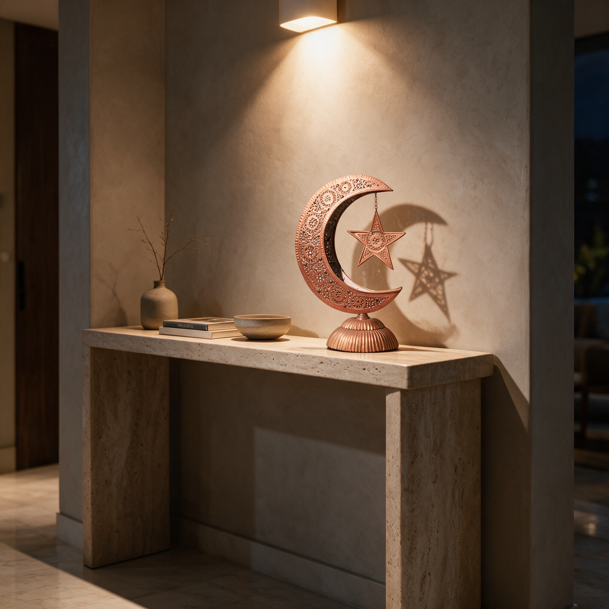Hilal Copper Ornament on an entrance console in a modern Dubai villa at night, casting lacework shadows on the wall