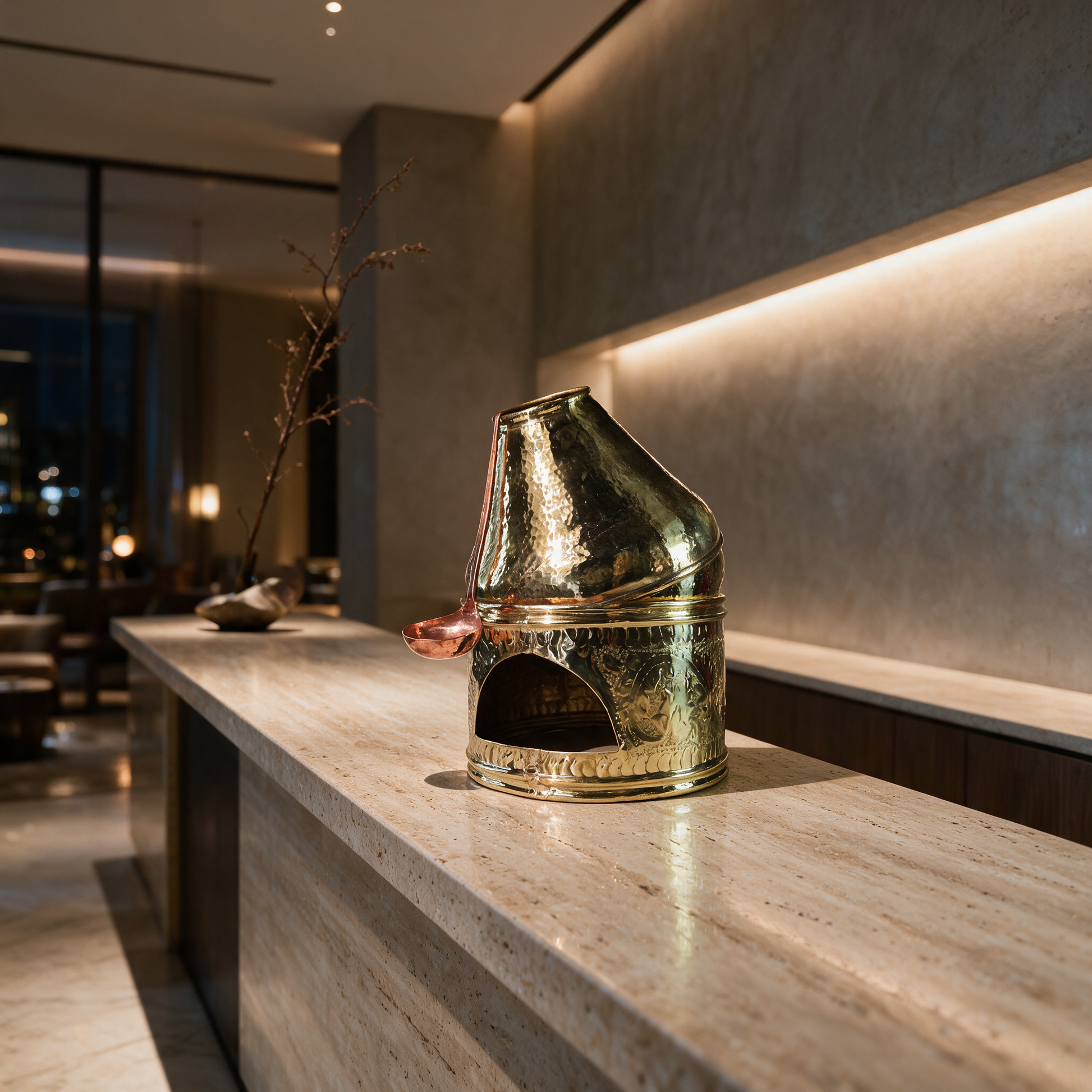 The Heritage Copper Foul Vessel displayed as a sculptural piece on the reception desk of a modern boutique hotel in Dubai