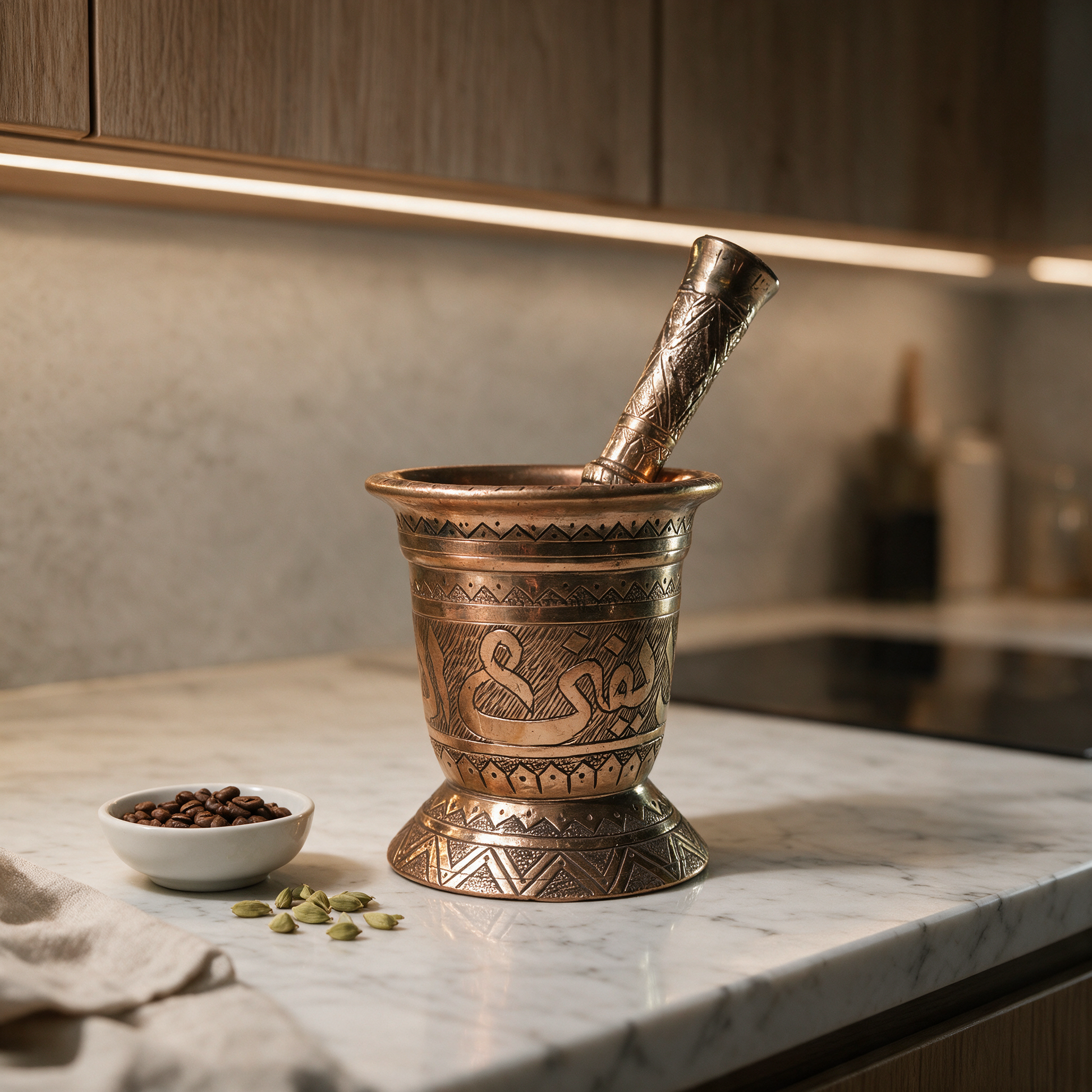 The Heritage Copper Hawan mortar and pestle on a marble kitchen counter in a modern Dubai villa with coffee beans and cardamom