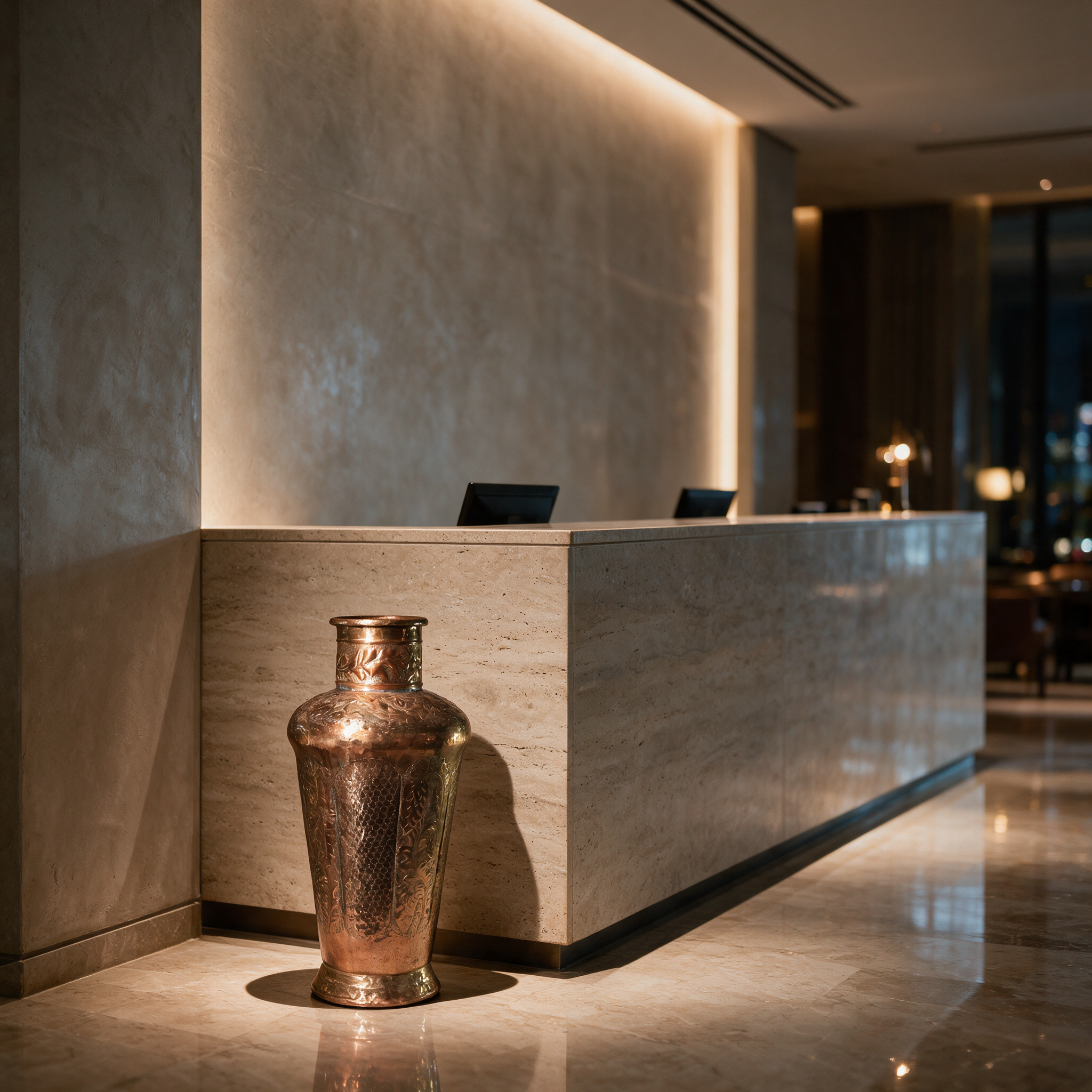The Copper Oasis Vase displayed beside the reception desk in the lobby of a modern boutique hotel in Dubai