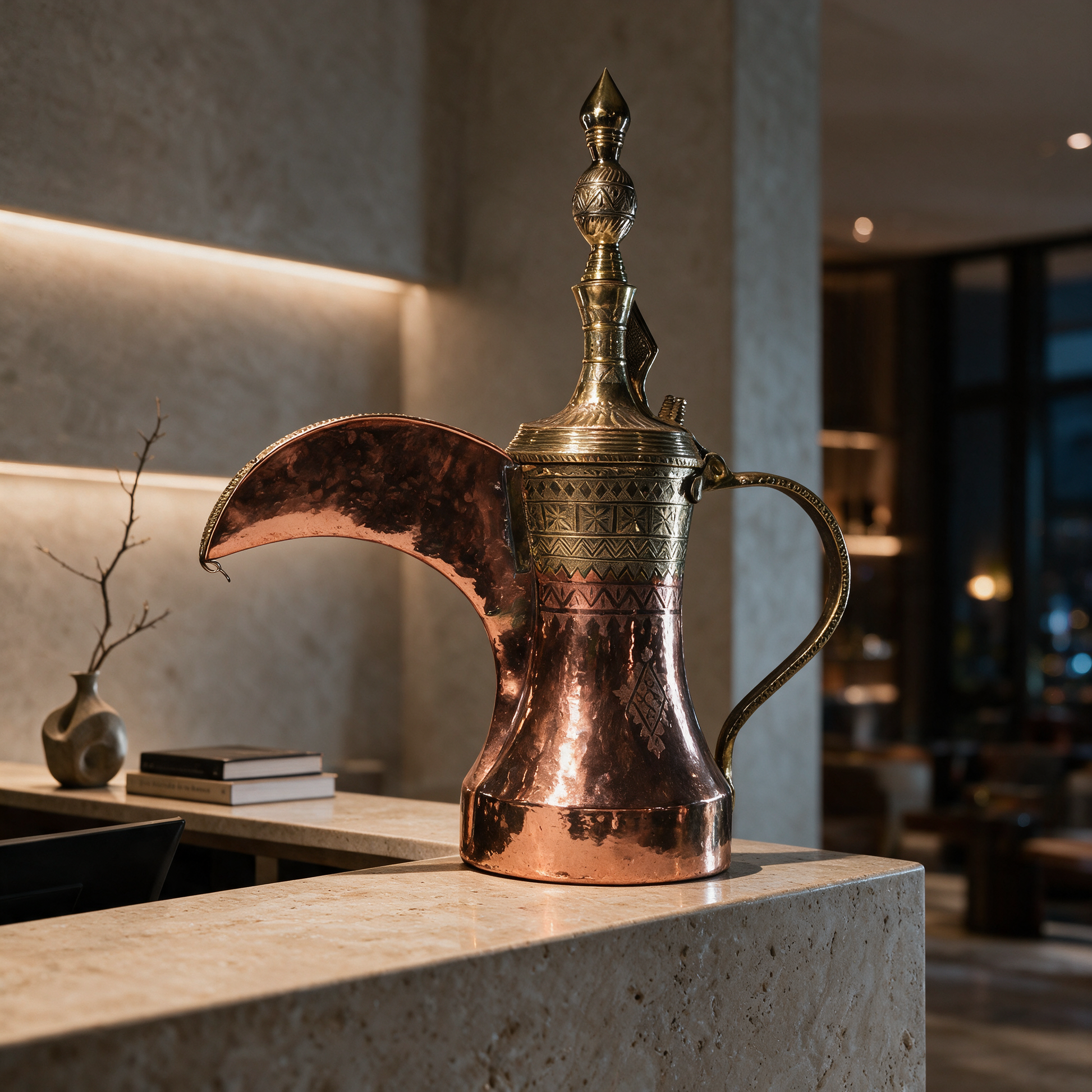 Heritage Copper Dallah displayed as a centerpiece on the reception desk of a modern boutique hotel in Dubai
