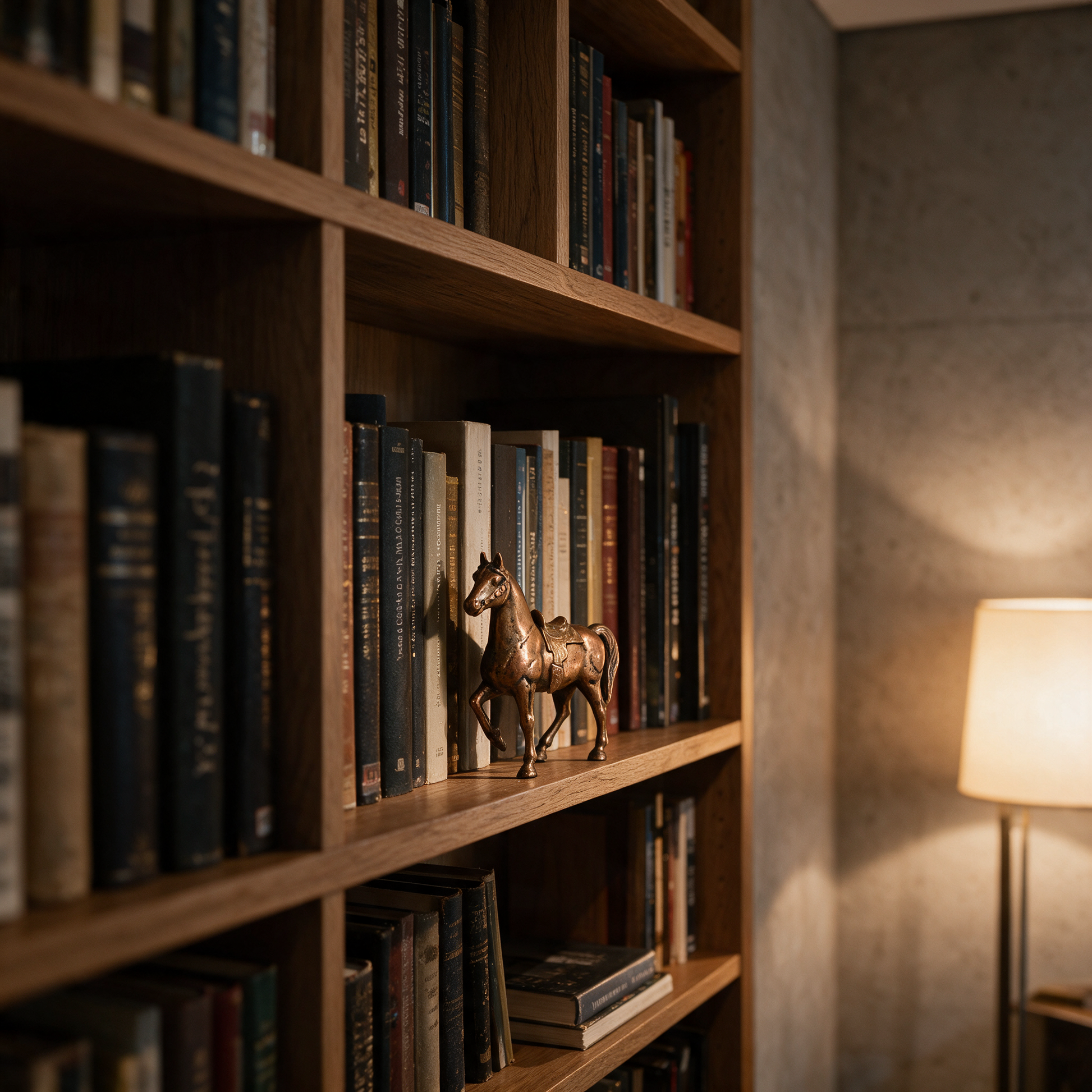 The Sultan's Steed copper horse figurine displayed on a bookshelf in the study of a modern Dubai villa