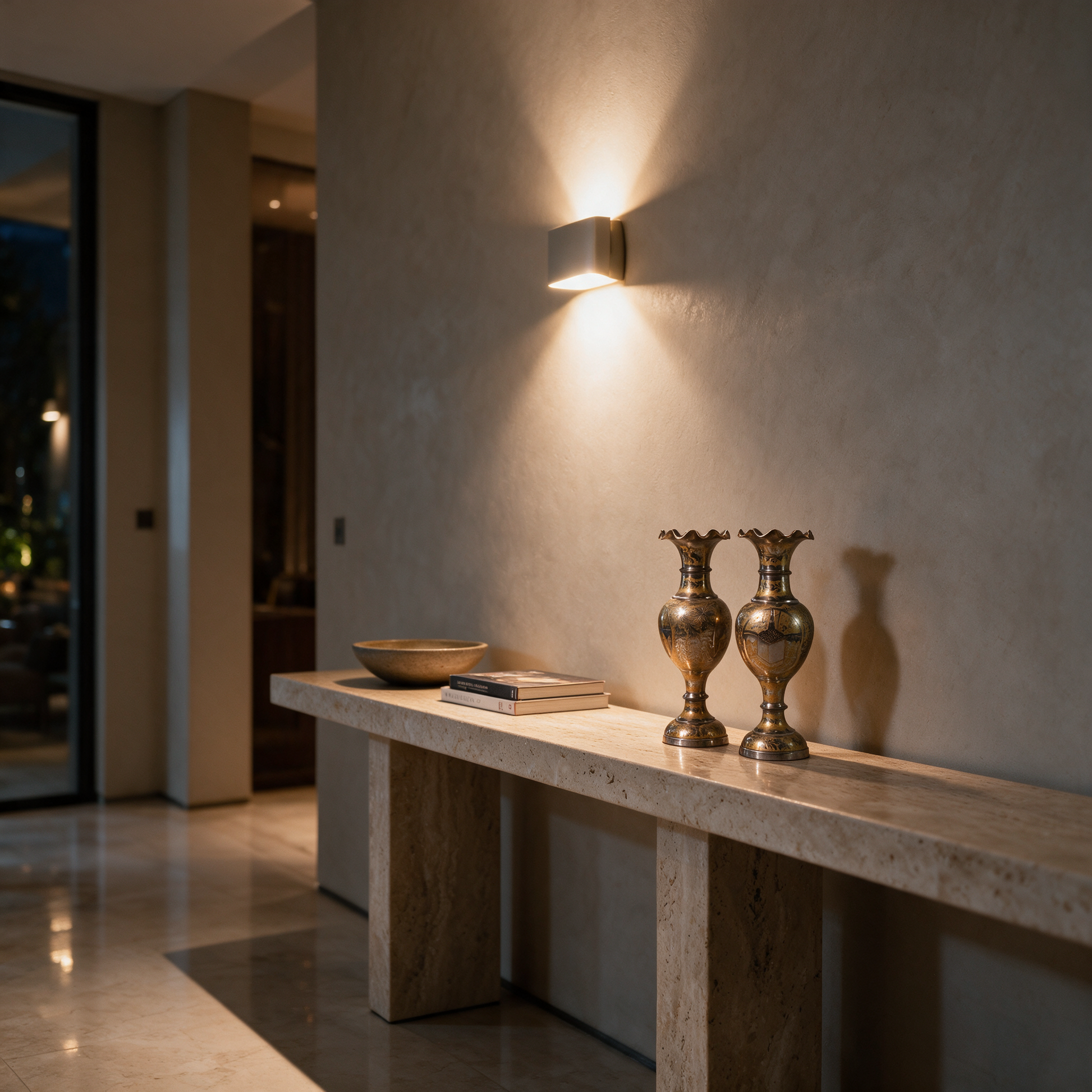 Twin Voices of Copper vase pair displayed on a console in the reception hall of a modern Dubai villa