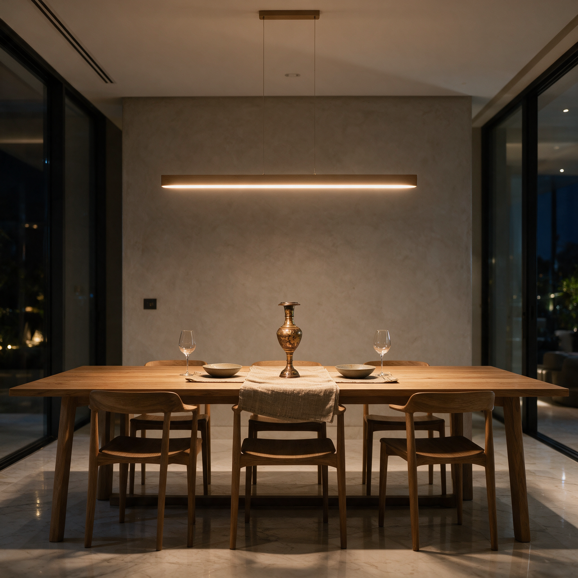 The Floral Echo Vase on the dining table of a modern Dubai villa at night
