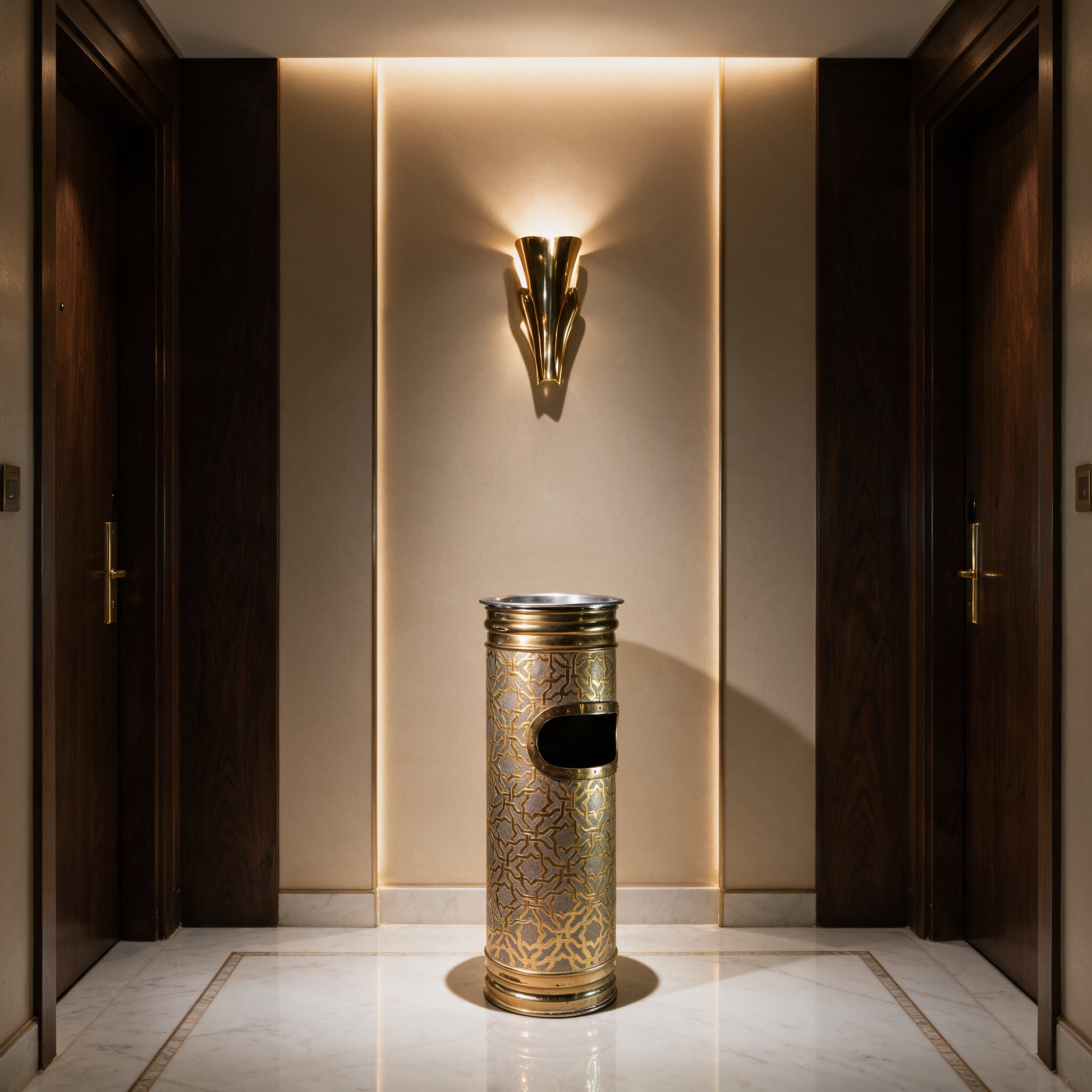 The Copper Majlis Waste Vessel placed between two guest room doors in a five-star hotel corridor in Dubai