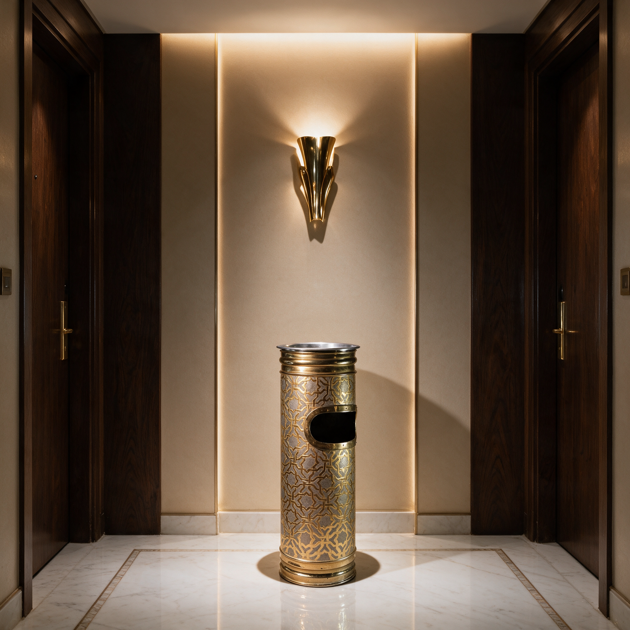The Copper Majlis Waste Vessel placed between two guest room doors in a five-star hotel corridor in Dubai