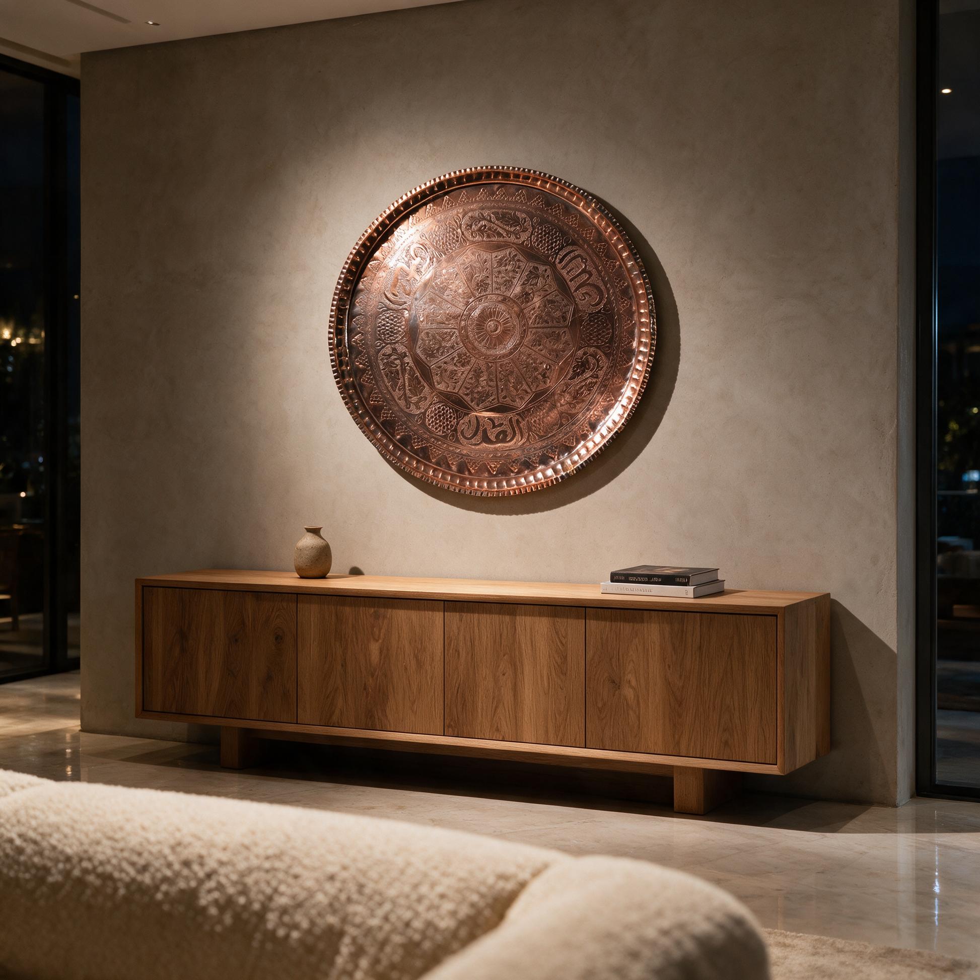Caravan Journey Tray mounted as wall art above a sideboard in a modern Dubai villa living room