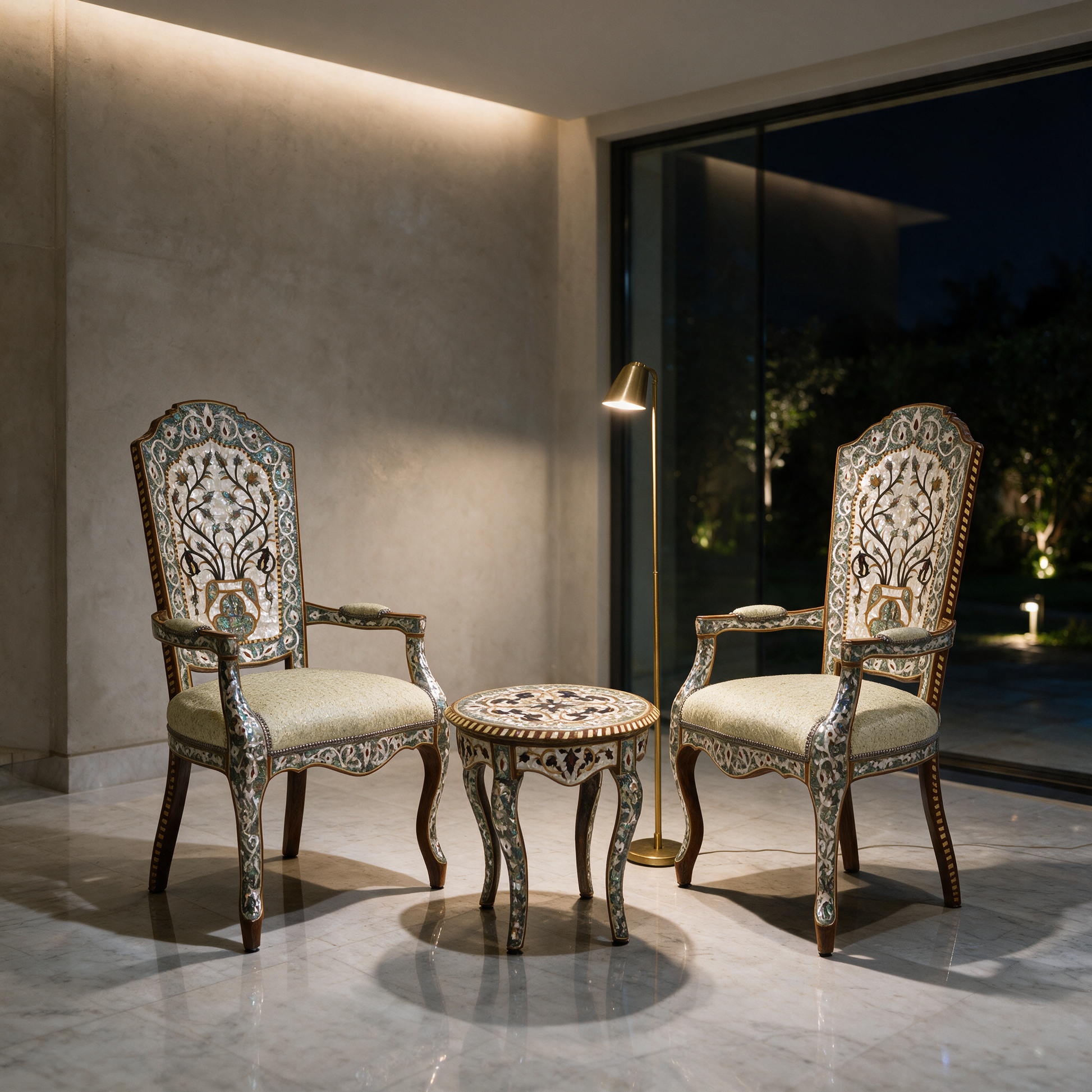 Damascene Royals Set with mother-of-pearl inlay in a modern Dubai villa lounge corner at night