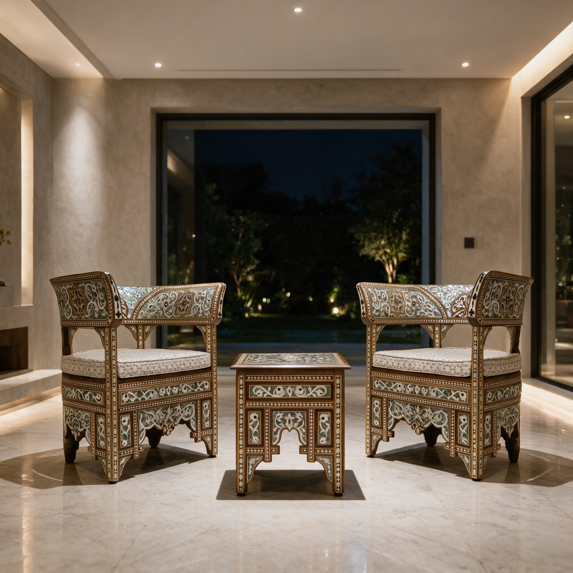 Damascus Majlis Inlay Set with mother-of-pearl inlay in the majlis room of a modern Dubai villa at night