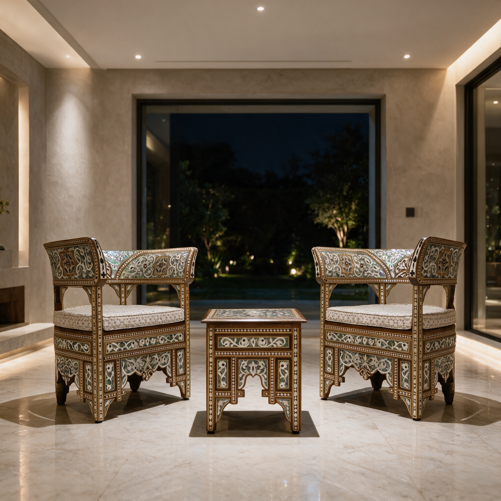Damascus Majlis Inlay Set with mother-of-pearl inlay in the majlis room of a modern Dubai villa at night