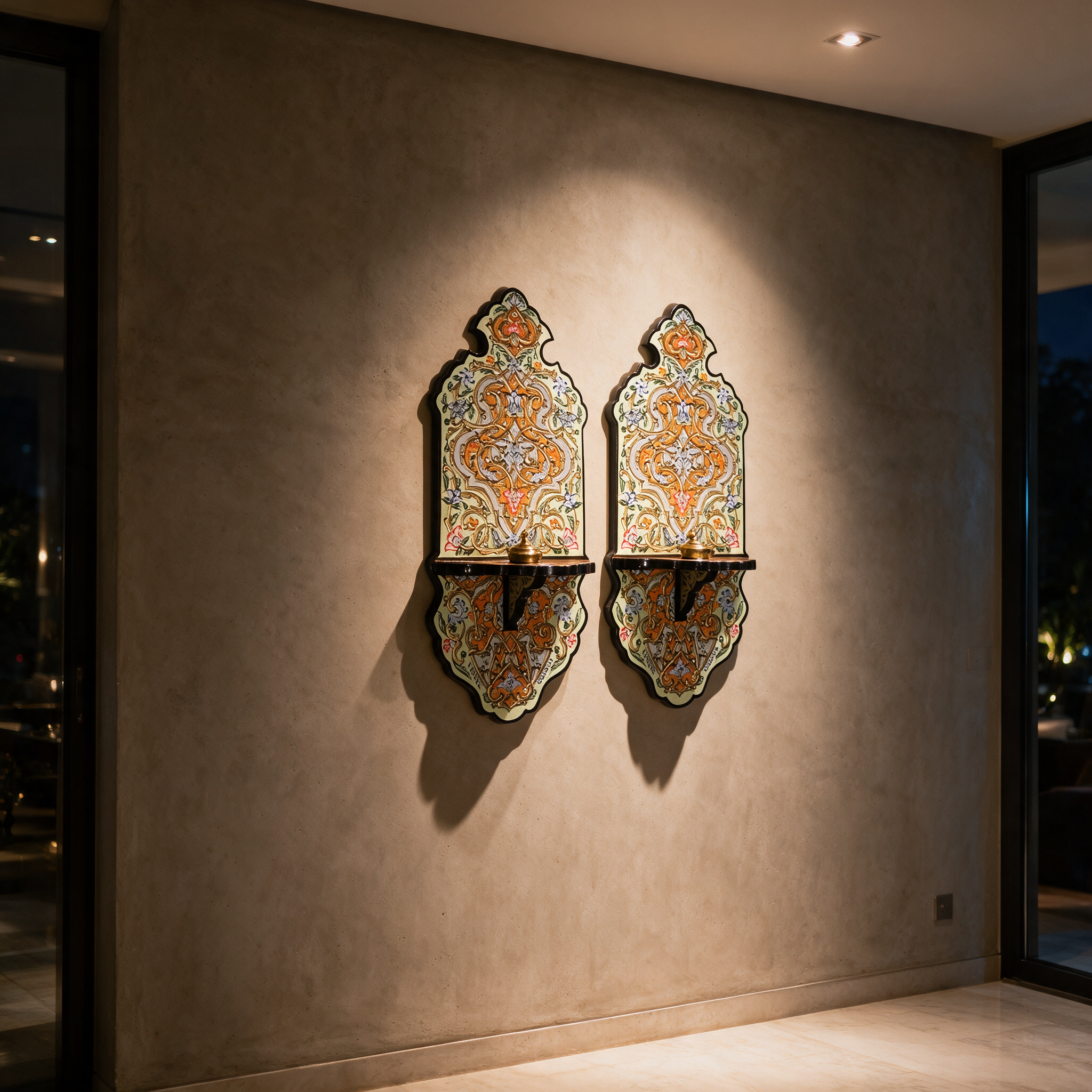 Pair of Damascene Palmette Wall Panels mounted in the entrance hall of a modern Dubai villa