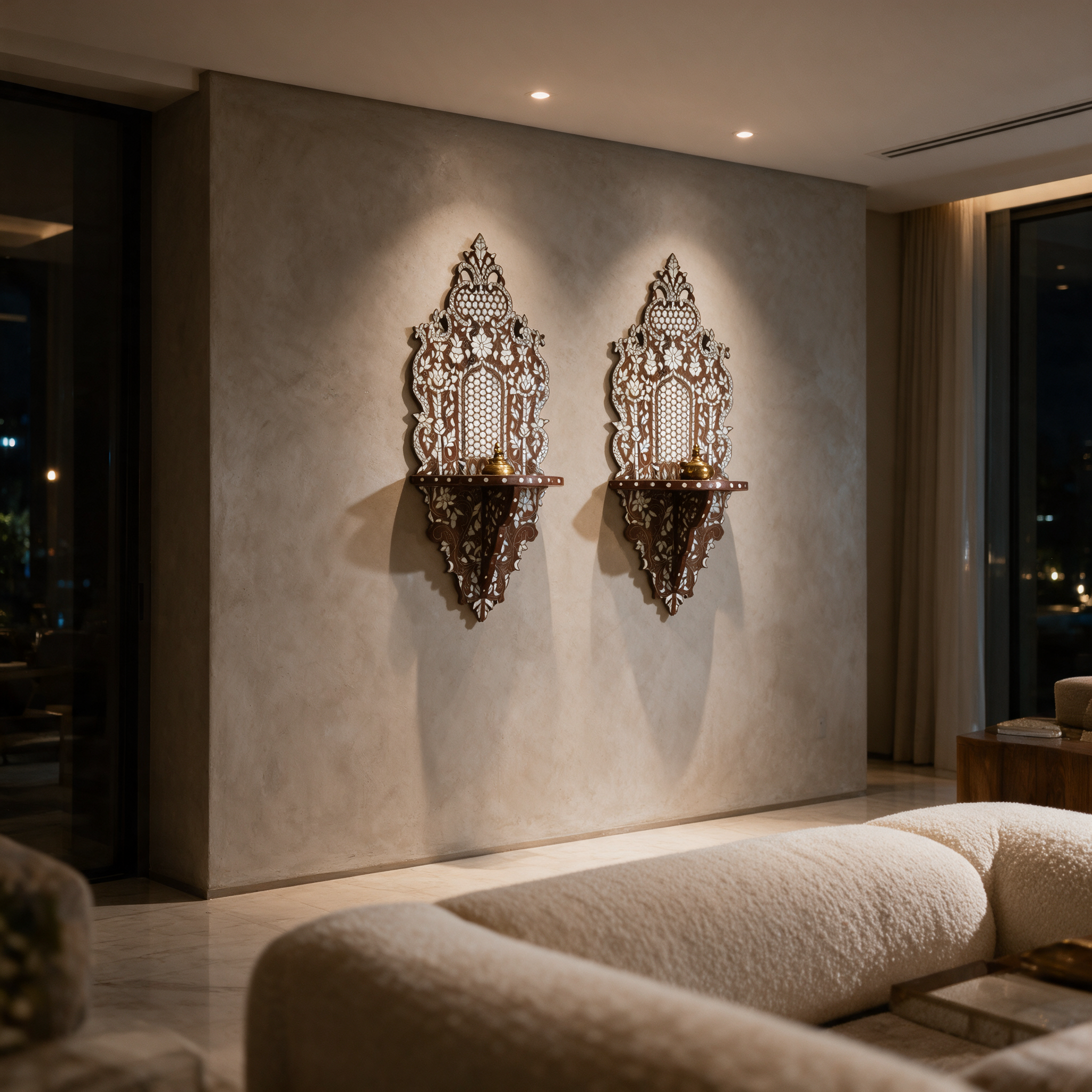 Pair of Damascene Lotus Wall Panels with mother-of-pearl inlay mounted above a sofa in a modern Dubai villa