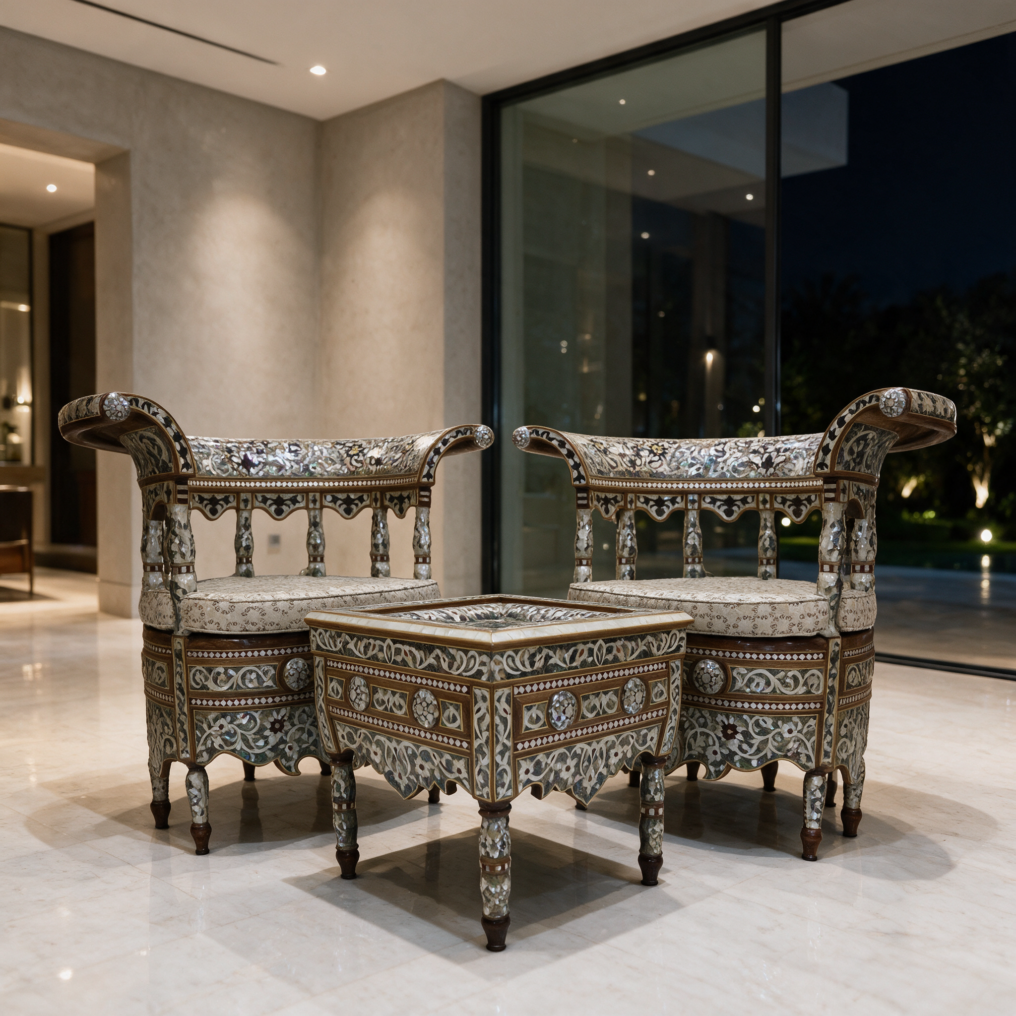 Damascene Thrones Set with mother-of-pearl inlay in the formal reception room of a modern Dubai villa at night