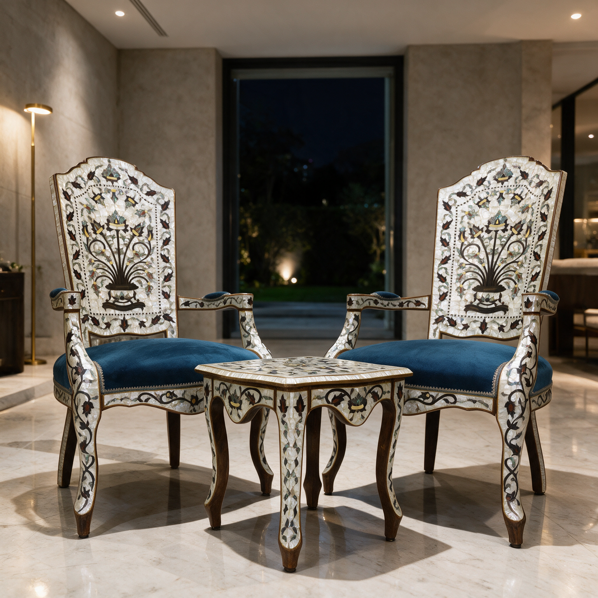 Damascus Inlay Lounge Set with mother-of-pearl inlay and blue velvet in a modern Dubai villa lounge at night