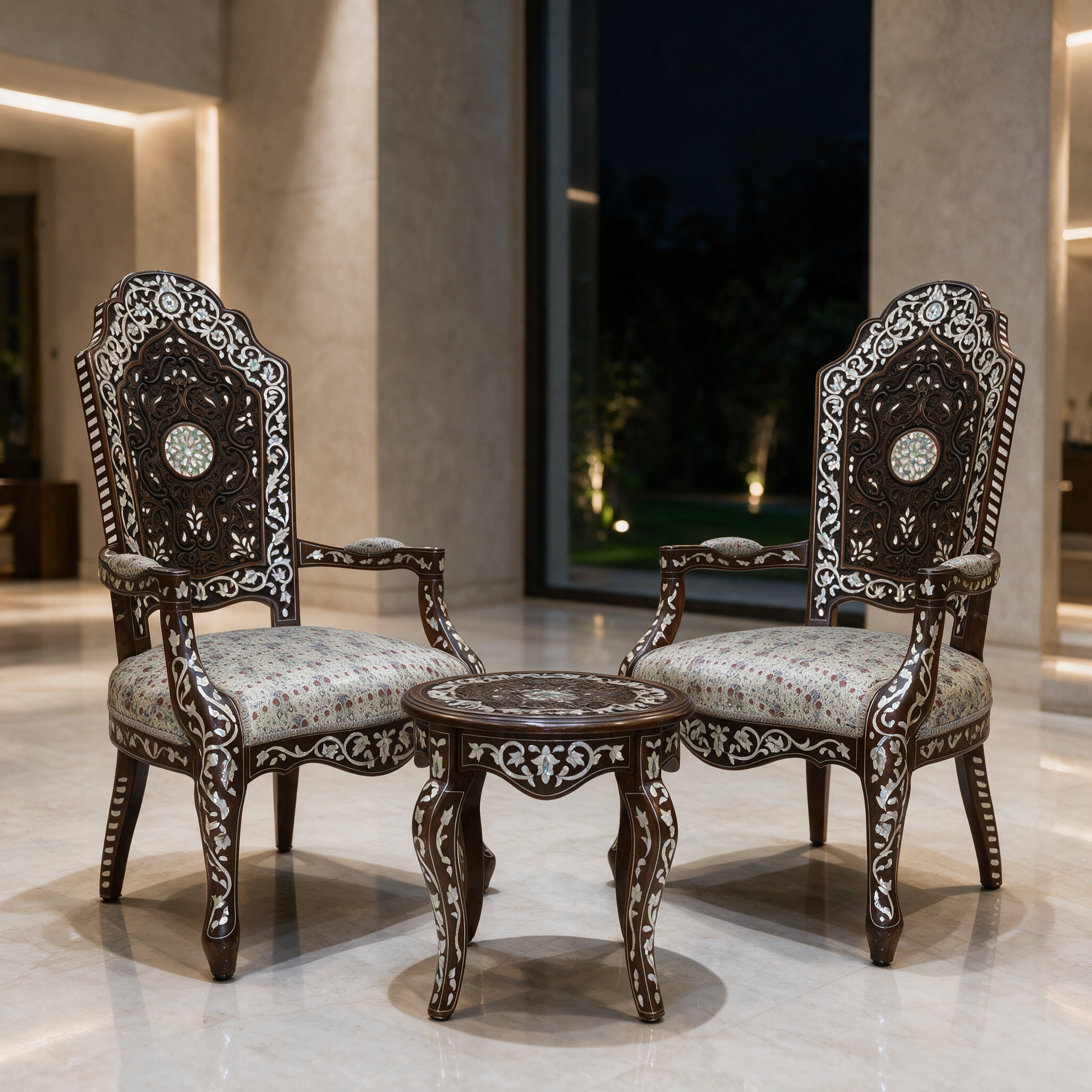 The Garden of Inlay Set in the reception hall of a modern Dubai villa at night