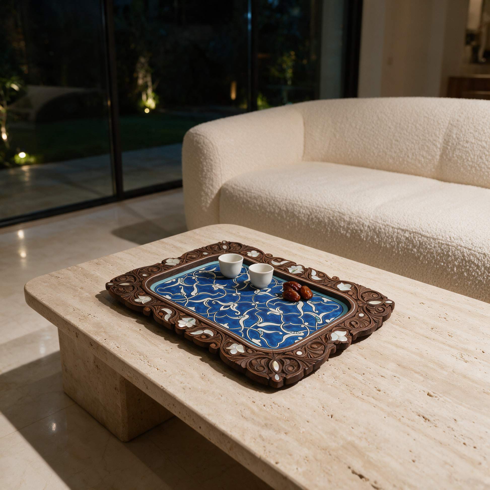 Azure Blossom Tray with mother-of-pearl inlay on a coffee table in a modern Dubai villa at night