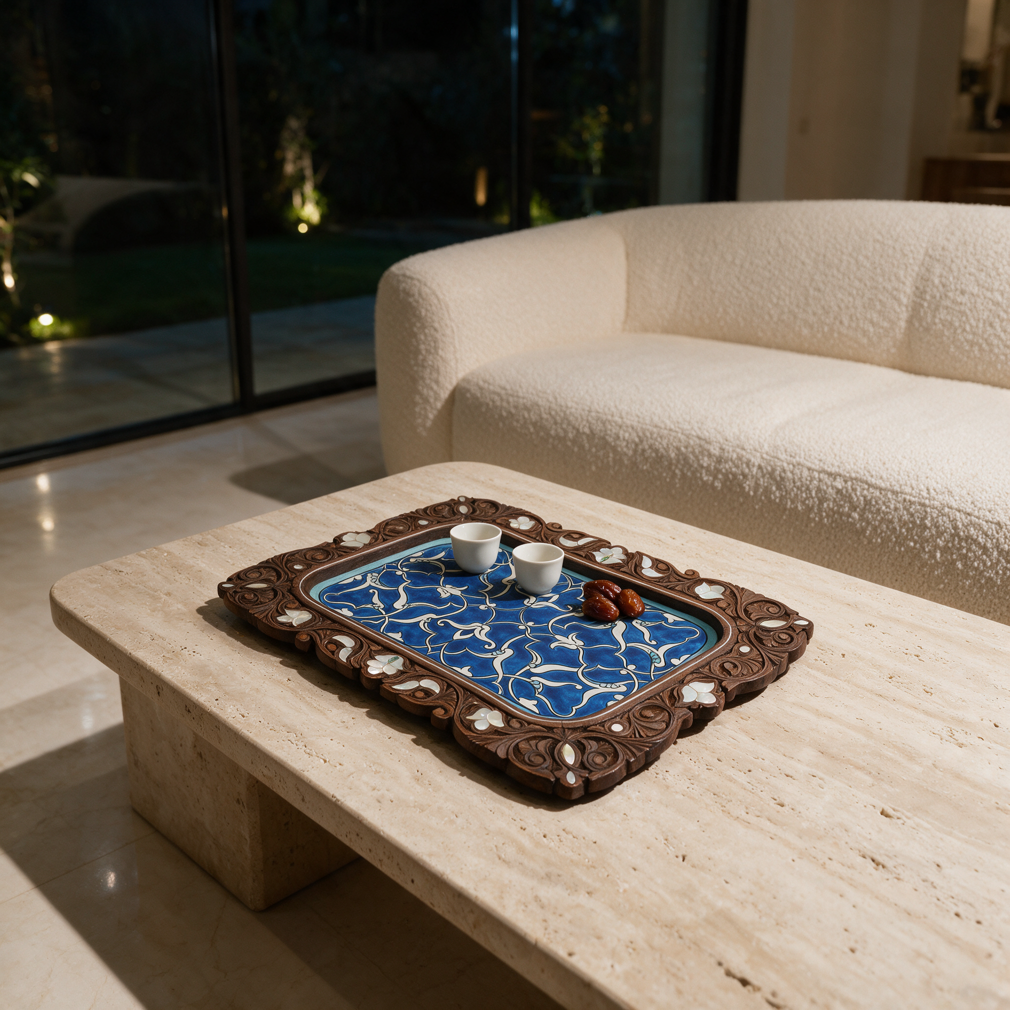 Azure Blossom Tray with mother-of-pearl inlay on a coffee table in a modern Dubai villa at night