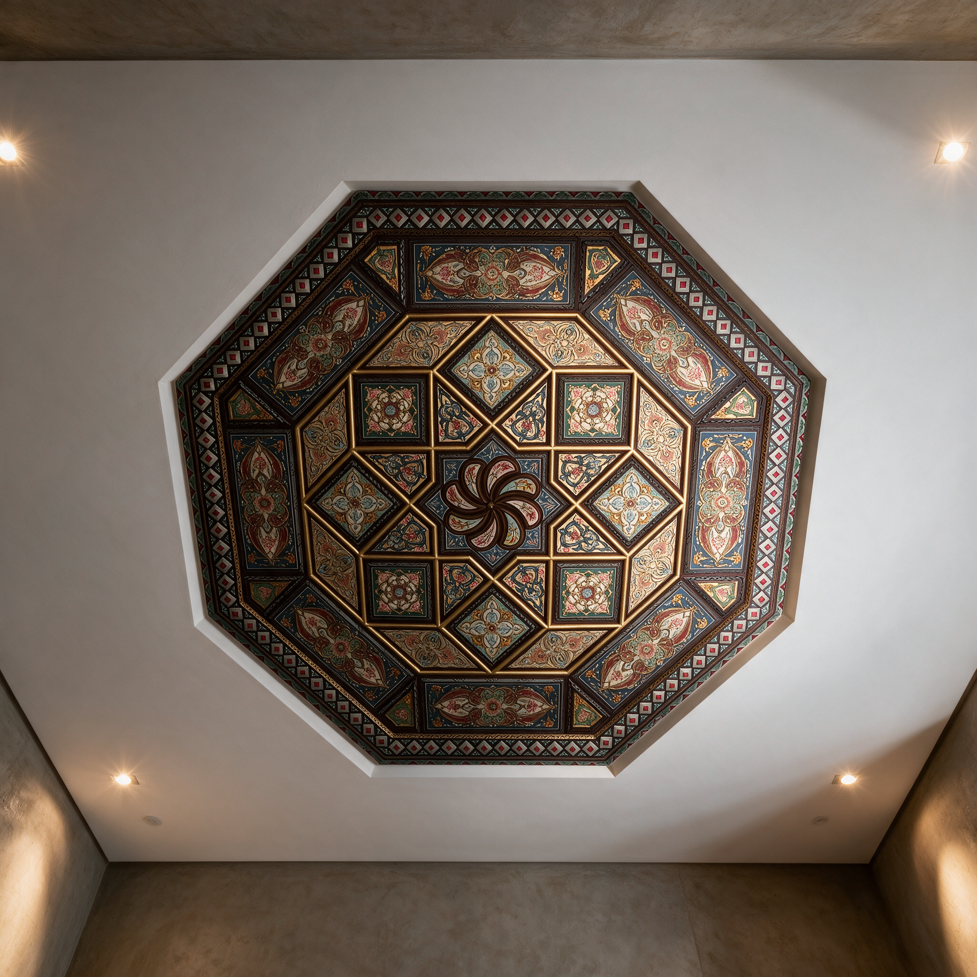 Damascene Star Octagon hand-painted ceiling panel installed in the majlis ceiling of a modern Dubai villa