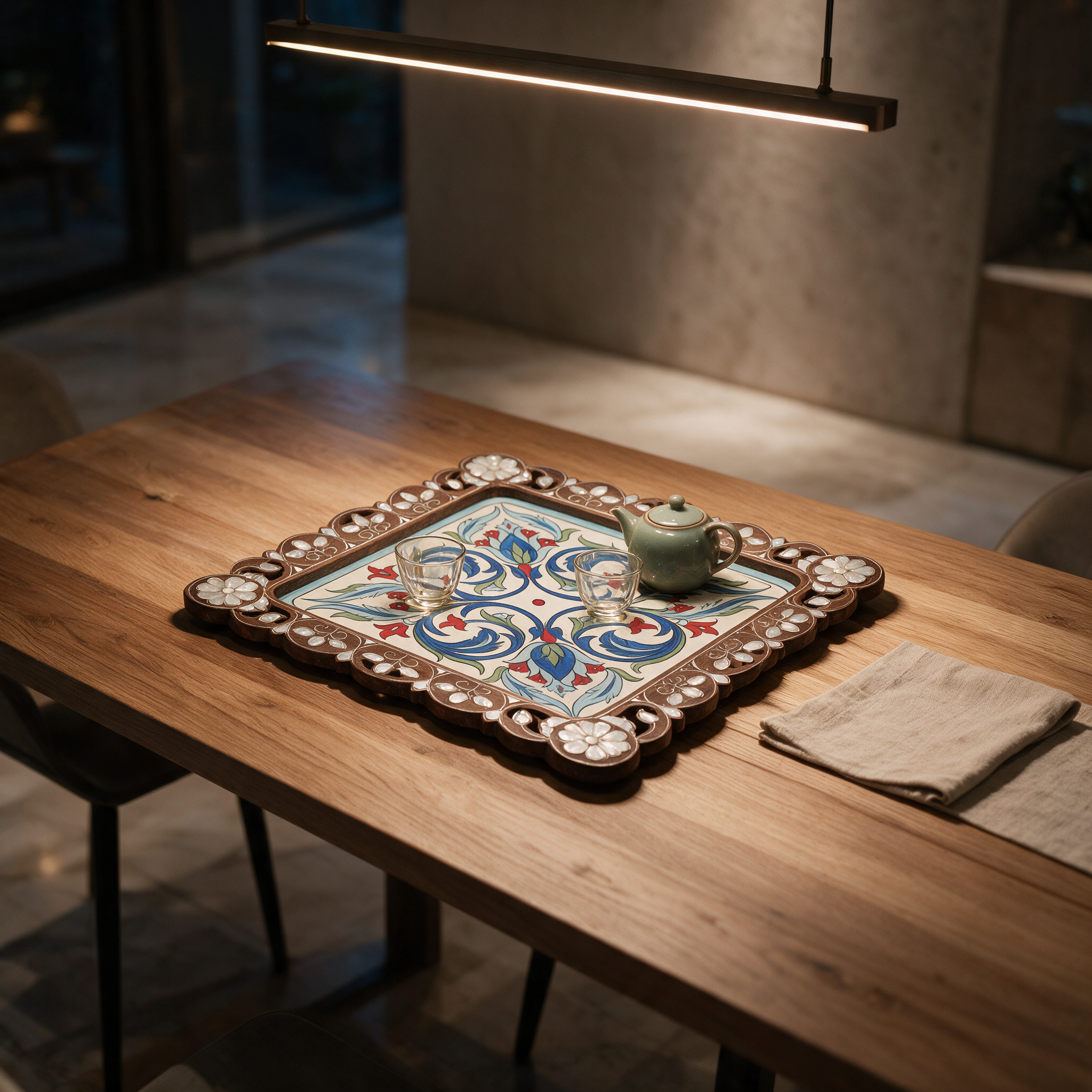Tray of Damascene Bloom on the dining table of a modern Dubai villa at night