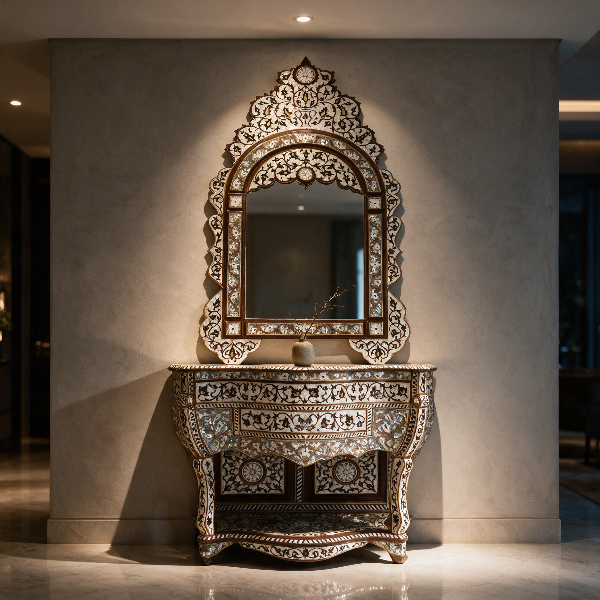 The Sultana Console with Mirror in the entrance hall of a modern Dubai villa at night