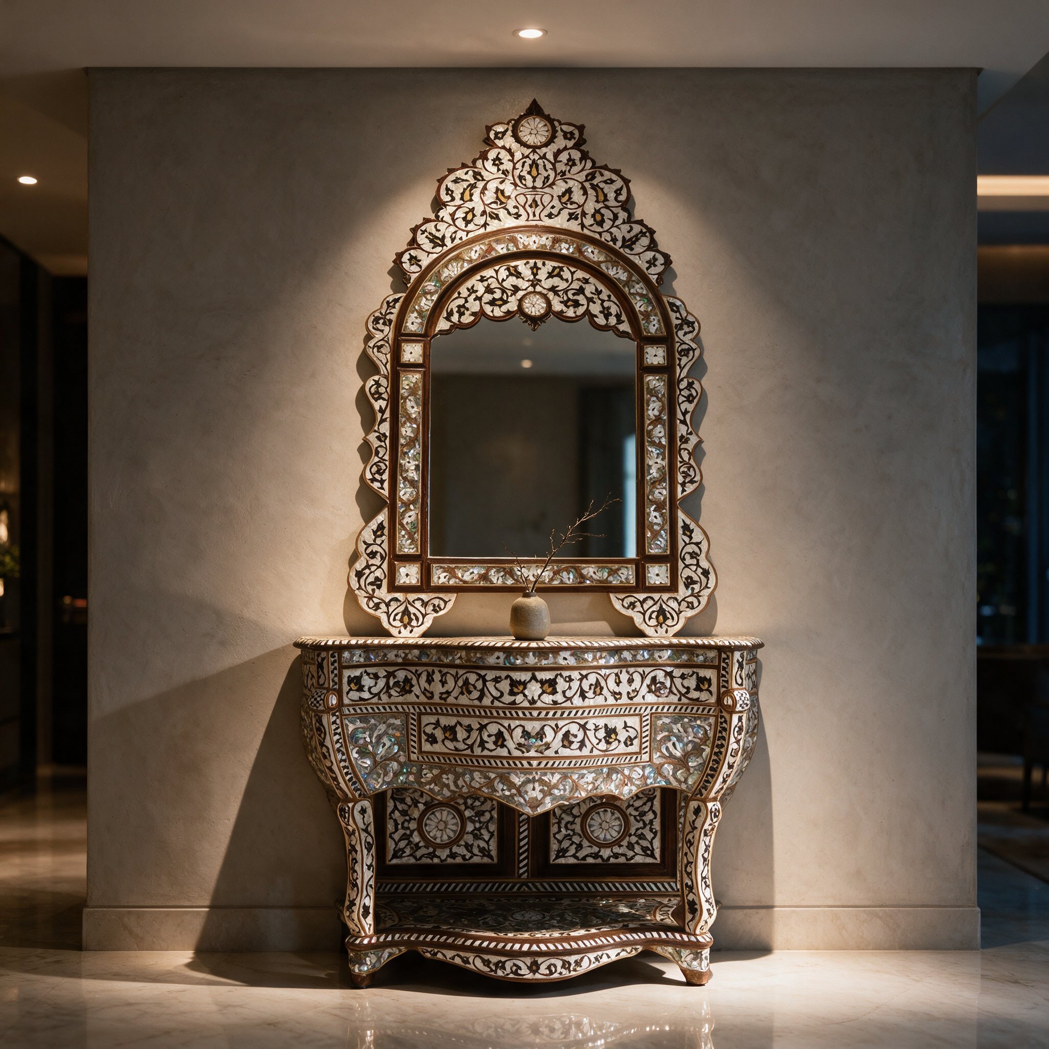 The Sultana Console with Mirror in the entrance hall of a modern Dubai villa at night
