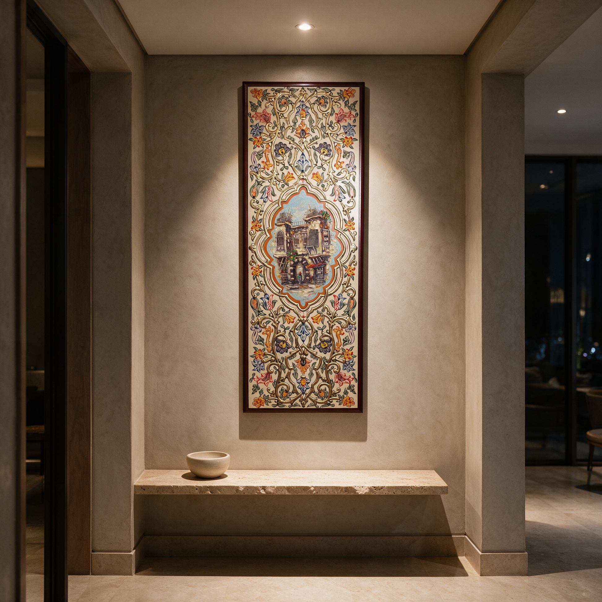 Damascene Wall Decor of Old City Charm hanging above a console in a modern Dubai villa hallway