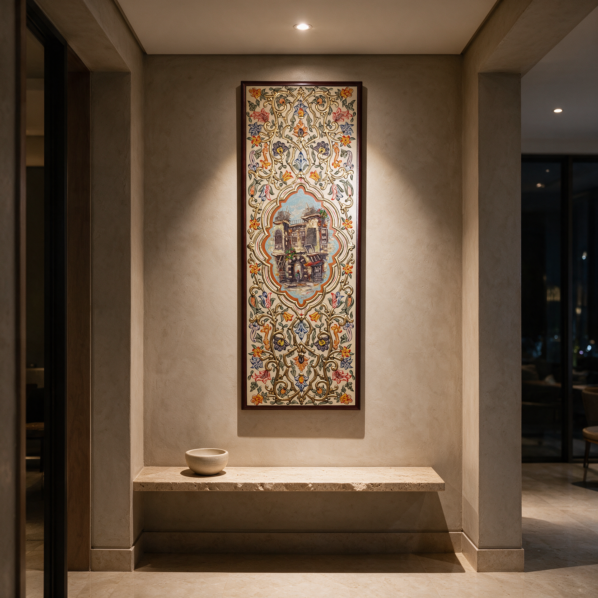Damascene Wall Decor of Old City Charm hanging above a console in a modern Dubai villa hallway