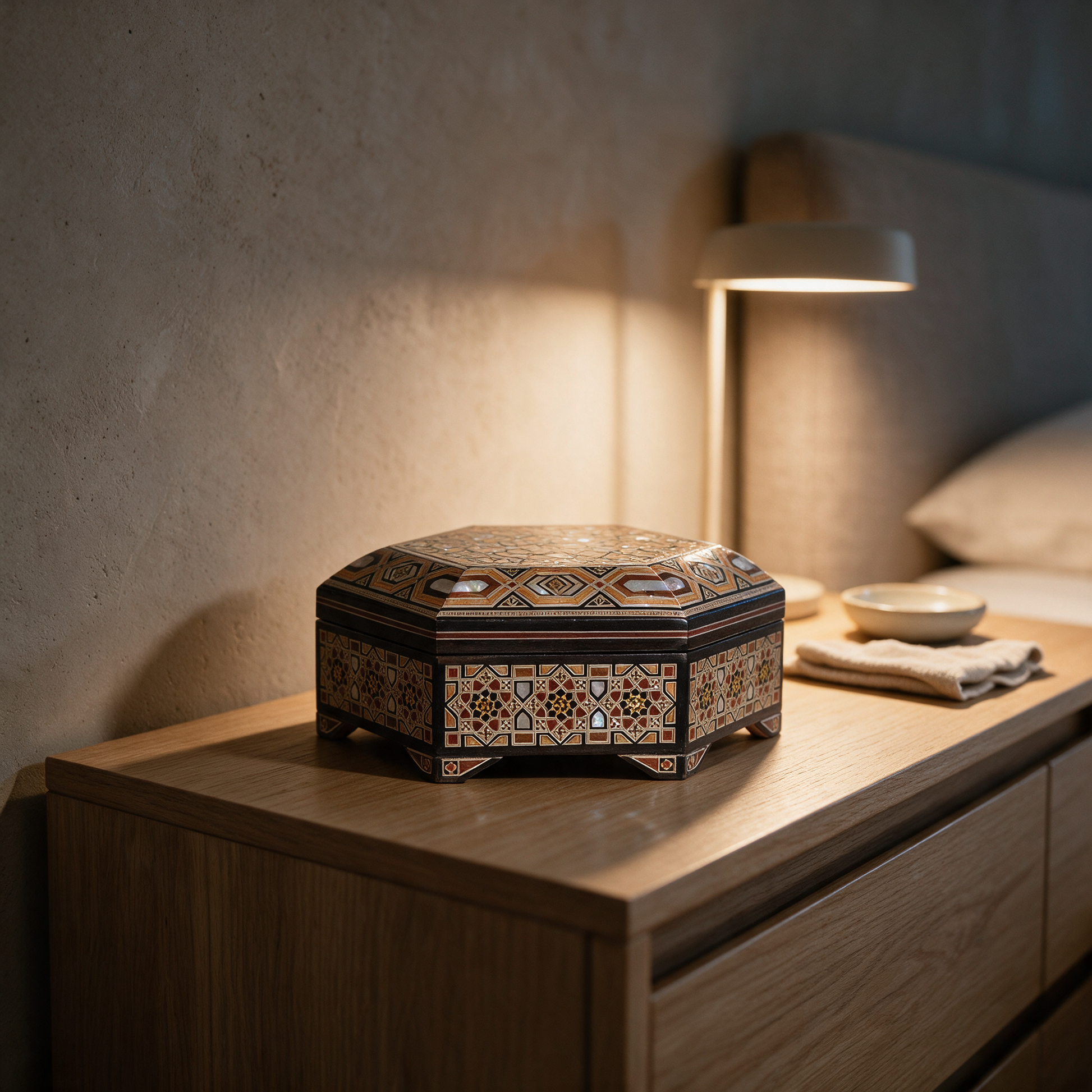 Hexagon of Damascene Grace inlaid box on a bedroom dresser in a modern Dubai villa