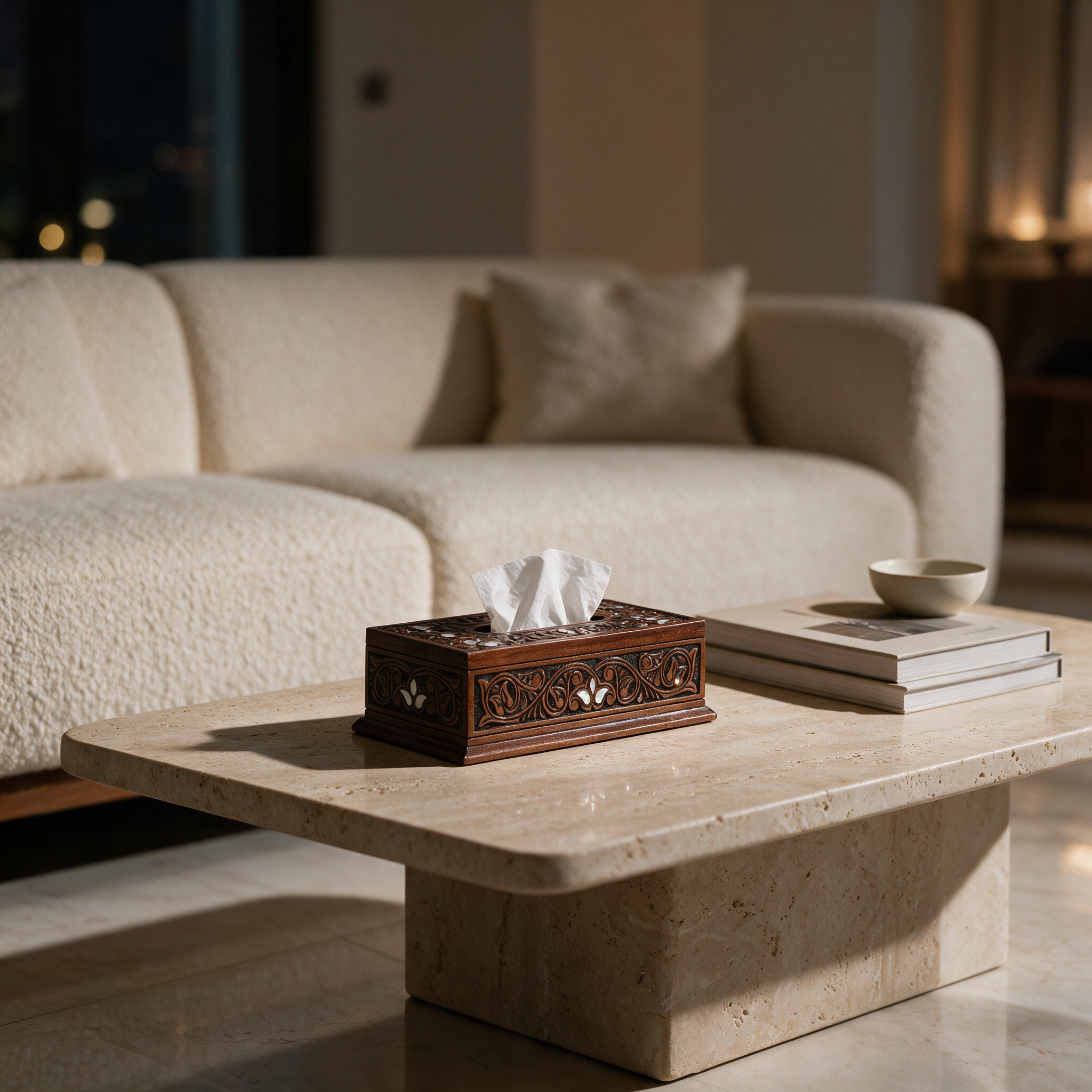 The Arabesque Tissue Box on a coffee table in a modern Dubai villa living room at night