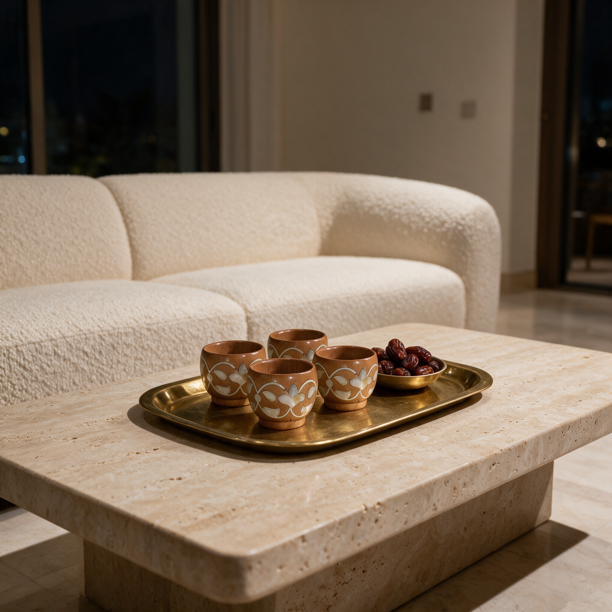 Whispers of Hospitality Arabic coffee cup set on a brass tray in a modern Dubai villa living room
