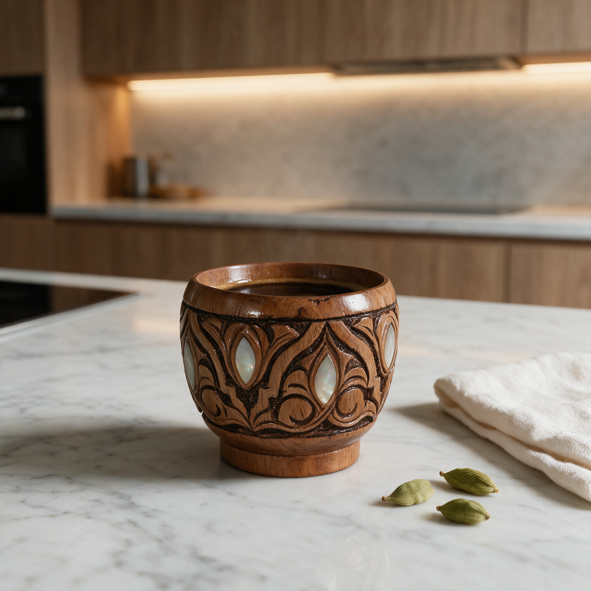 Cup of Carved Grace with mother-of-pearl inlay on a marble kitchen counter in a modern Dubai villa