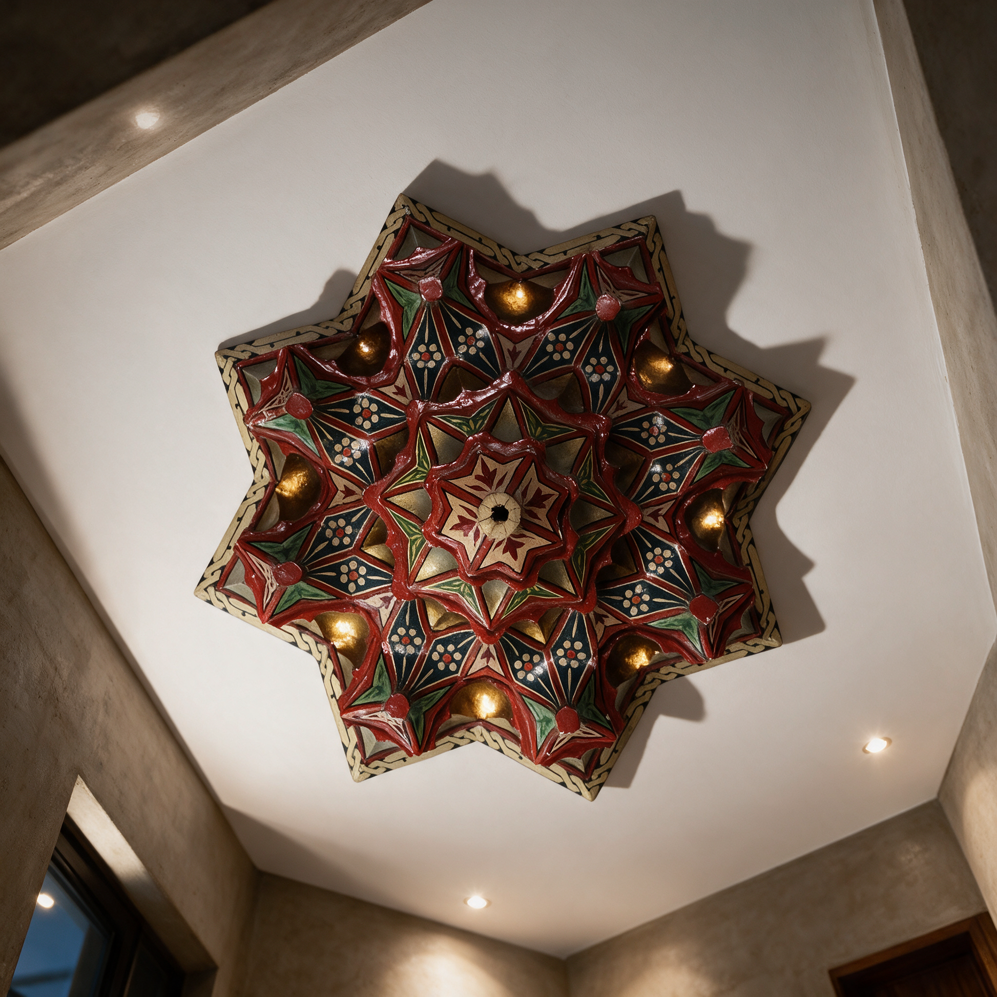 Ceiling of Andalusian Radiance hand-painted medallion on the ceiling of a modern Dubai villa entrance hall