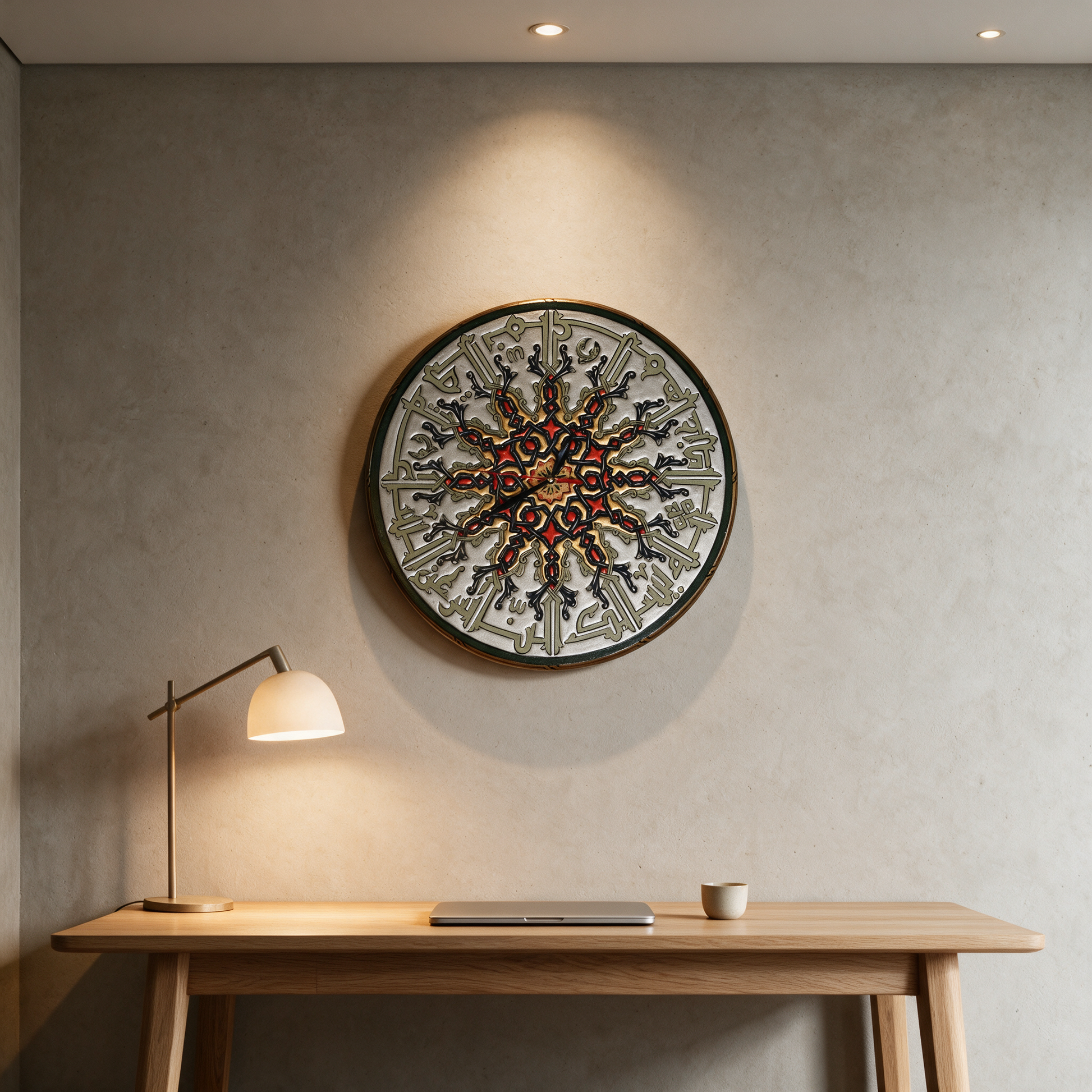 Eternal Calligraphy Clock hanging above a desk in the study of a modern Dubai villa