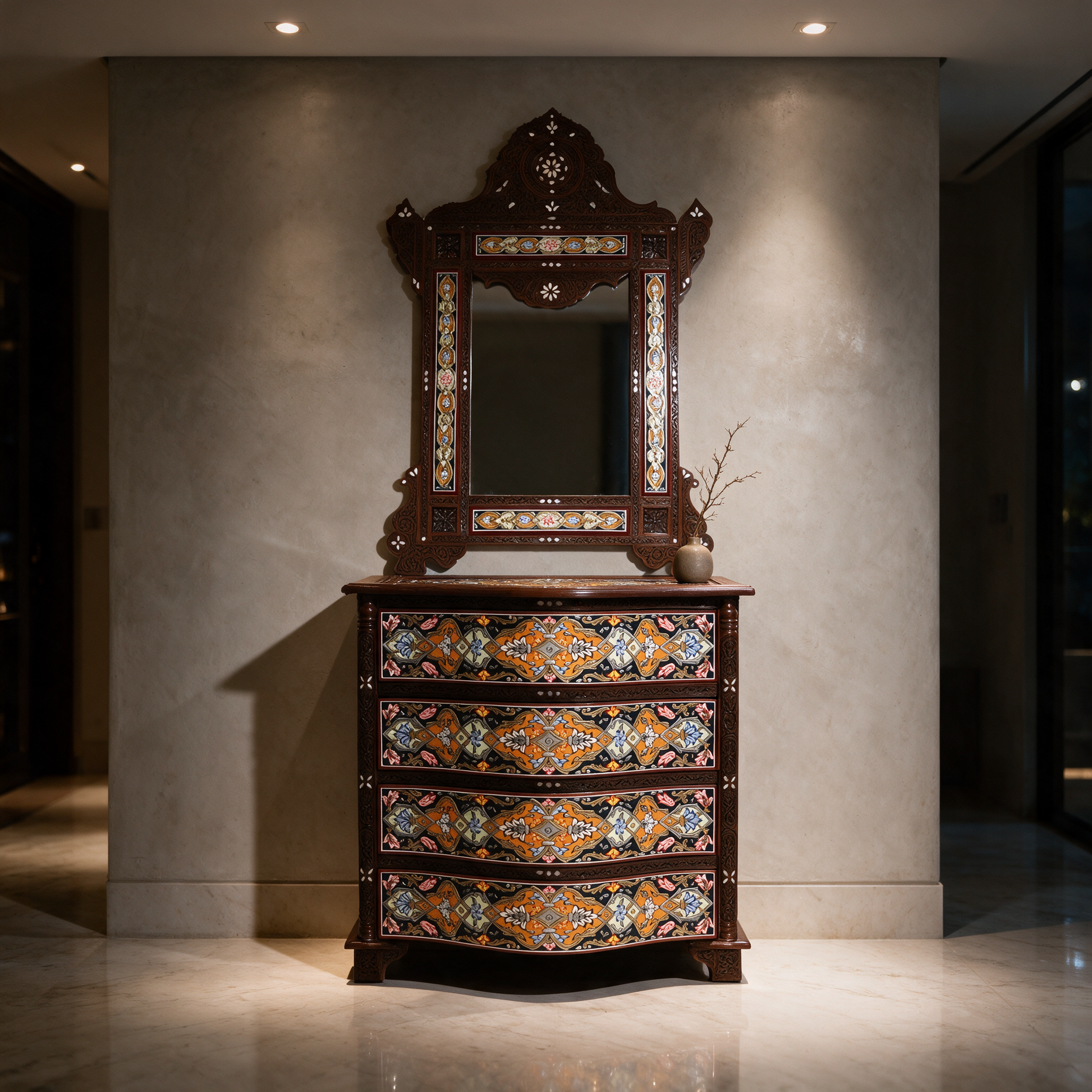 The Vizier's Reflection hand-painted console and mirror in the entrance hall of a modern Dubai villa