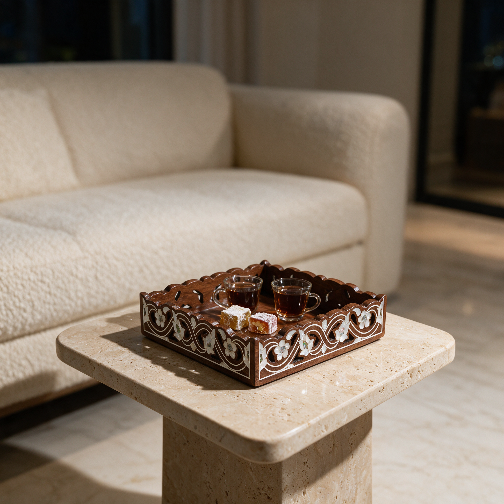 Tray of Blossoming Inlay with mother-of-pearl on a side table in a modern Dubai villa living room