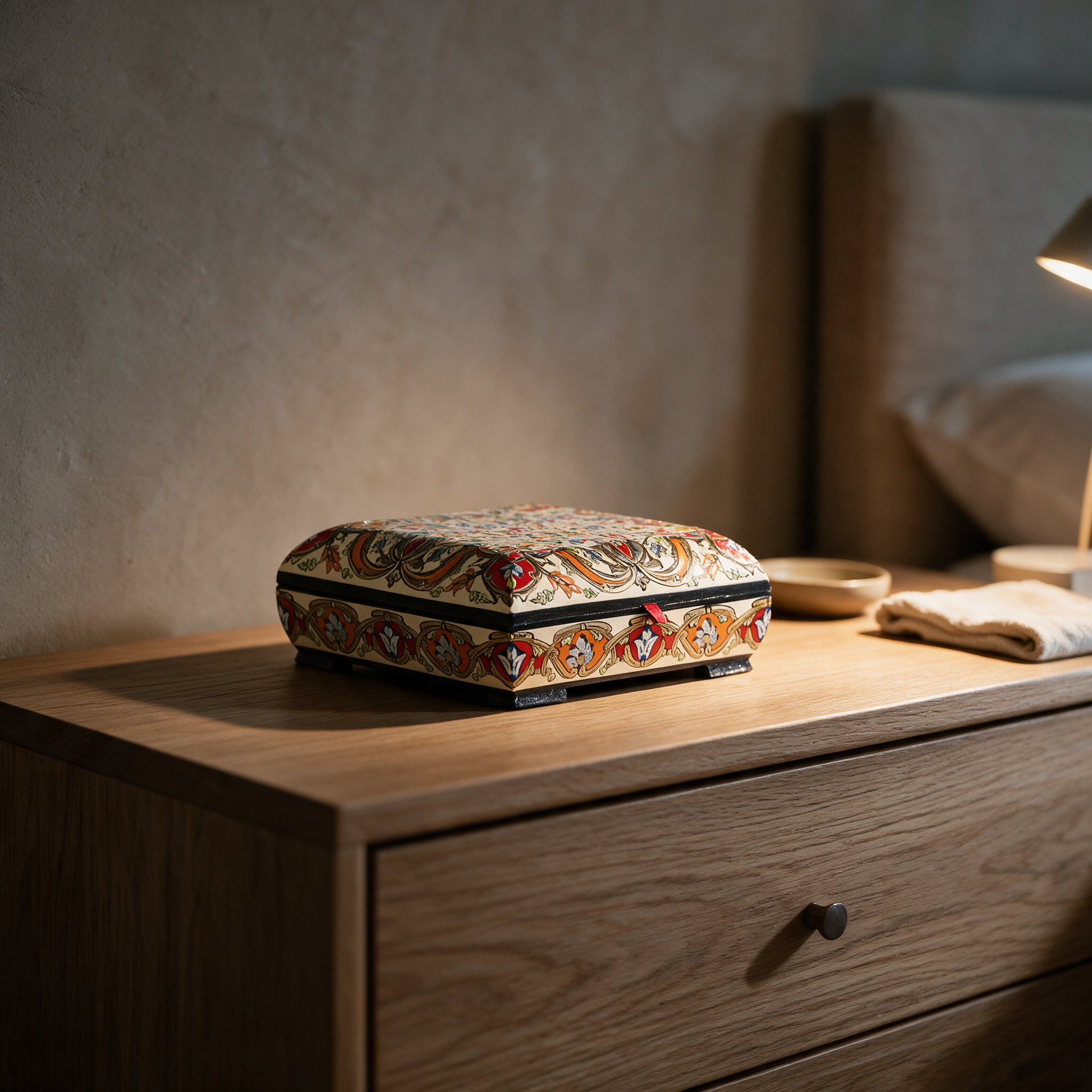 Jewel Box of Eternal Florals hand-painted box on a bedroom dresser in a modern Dubai villa