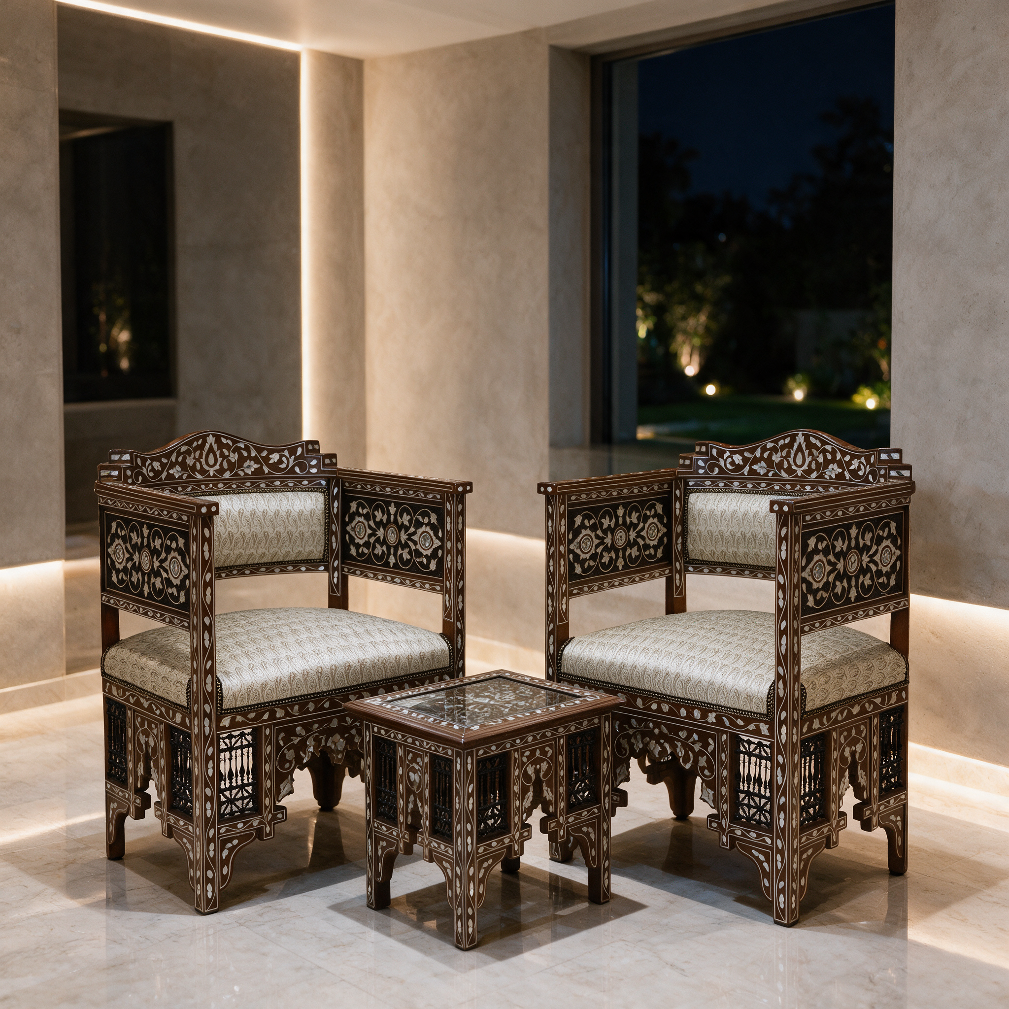 Majlis Harmony inlaid seating set with two chairs and table in a modern Dubai villa majlis corner