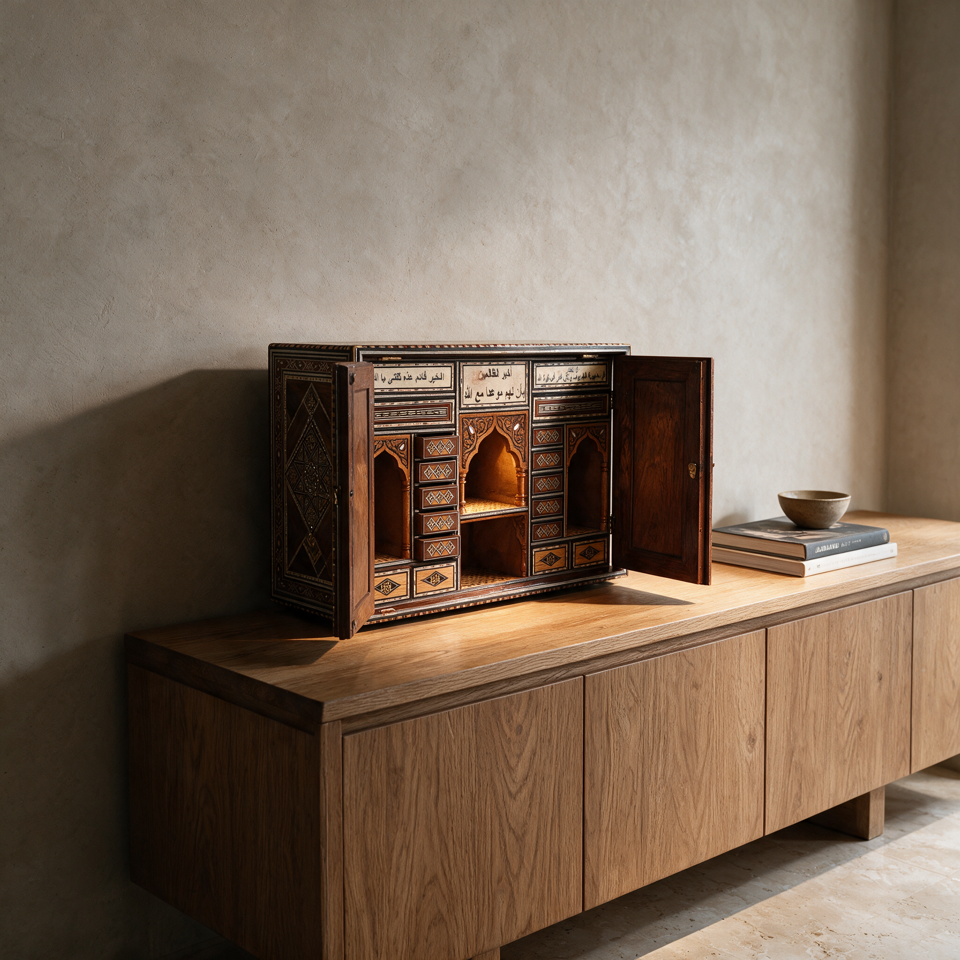The Emir's Miniature Cabinet with doors open on a sideboard in the study of a modern Dubai villa