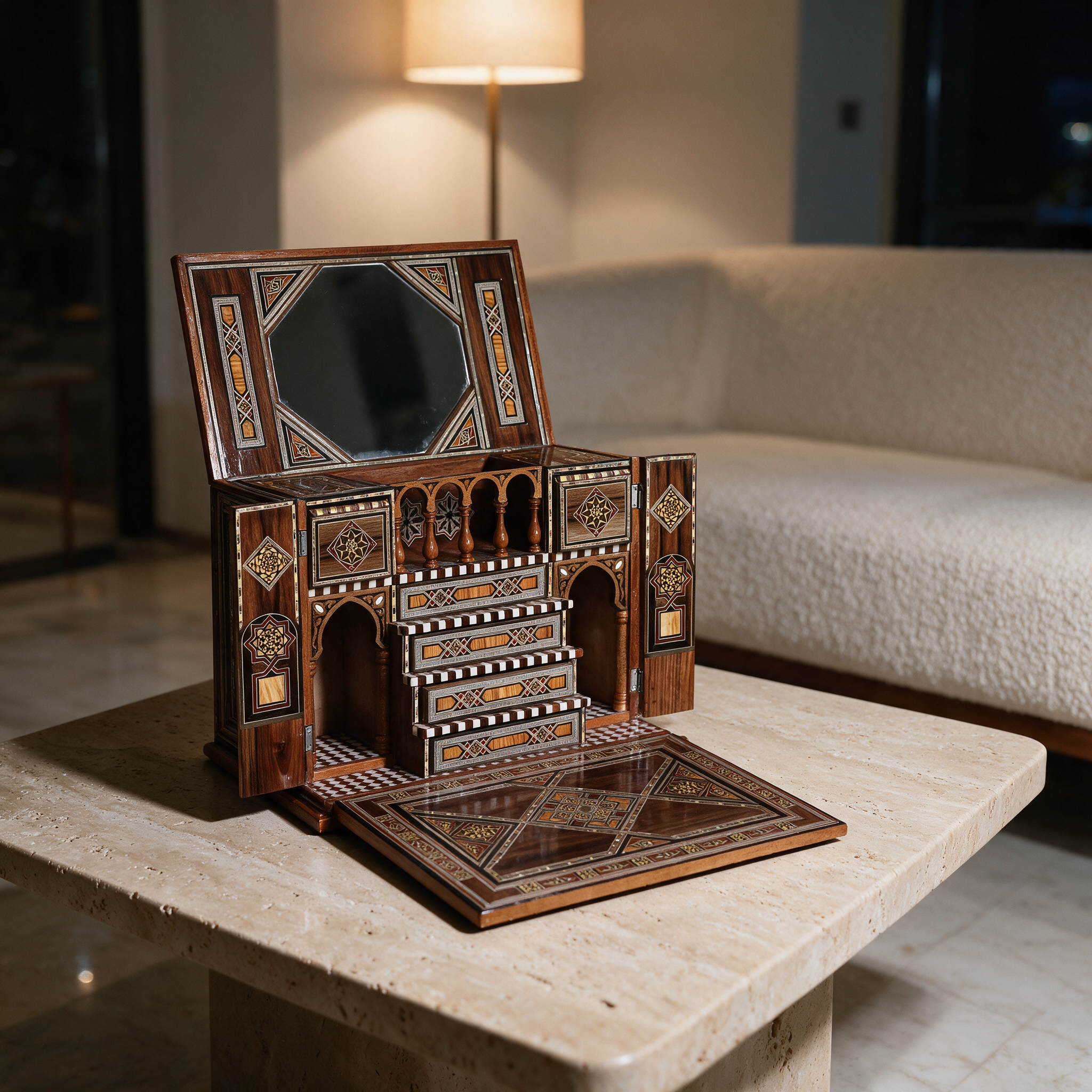 The Sultana's Secret Chest open on a coffee table in a modern Dubai villa living room, revealing hidden drawers and mirror