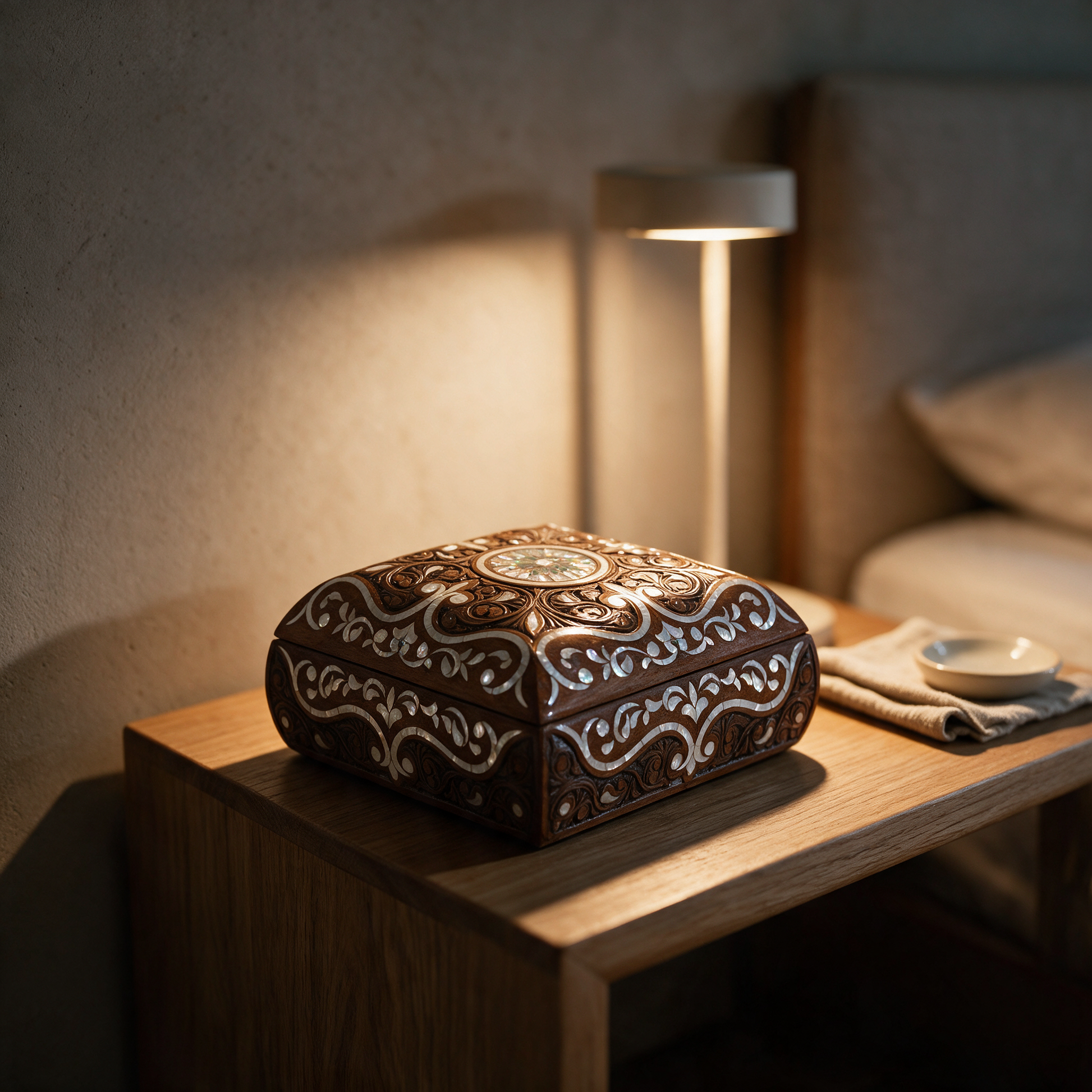 The Moonlit Arabesque Box with mother-of-pearl inlay on a bedroom nightstand in a modern Dubai villa