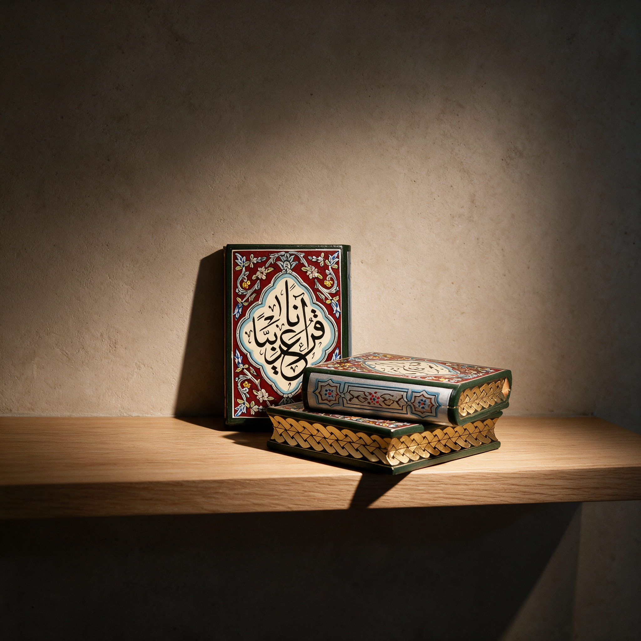 The Damascene Quran Covers set of three displayed on a shelf in the study of a modern Dubai villa